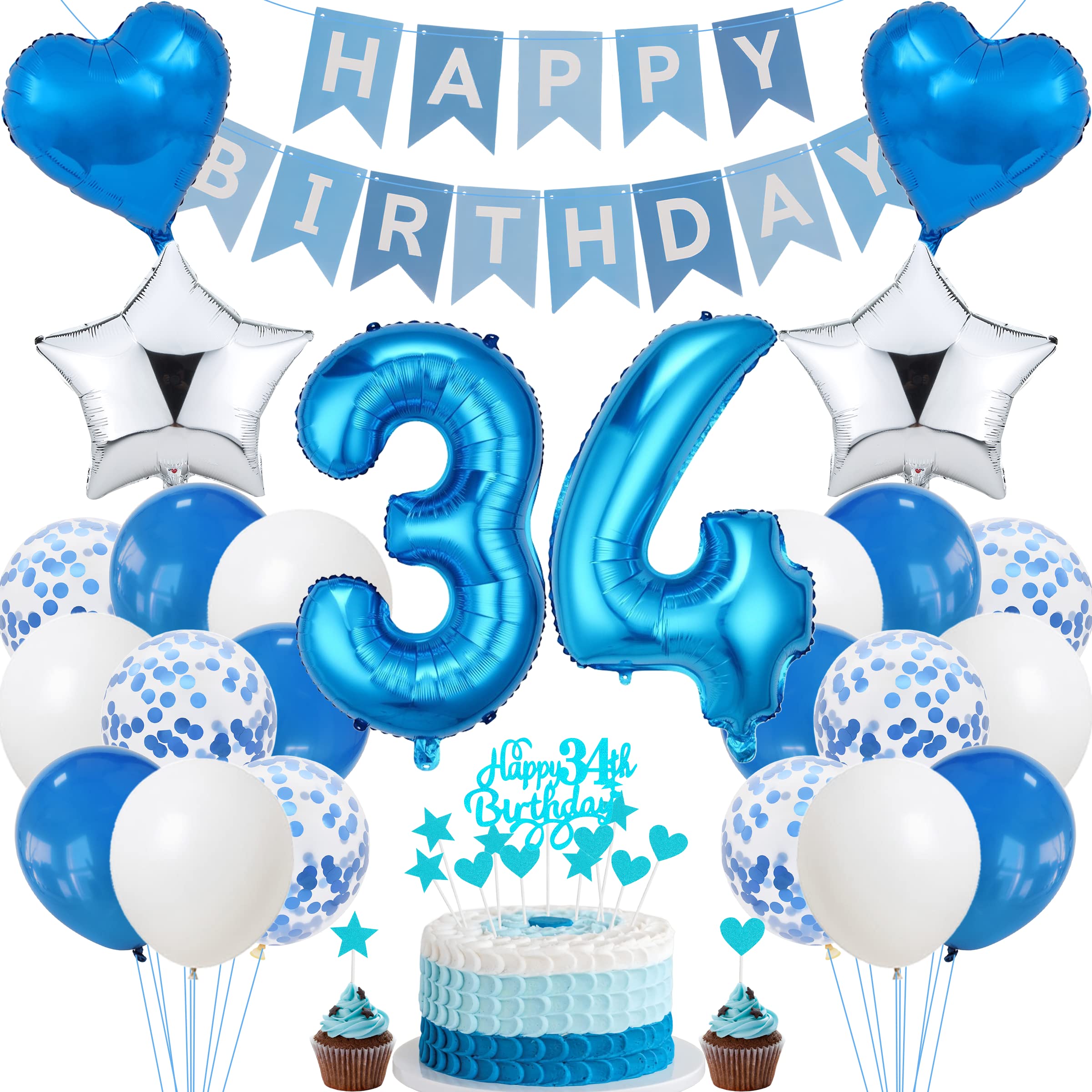 Blue 34th Birthday Cake Decoration for Men & Women - Silver Party Decoration