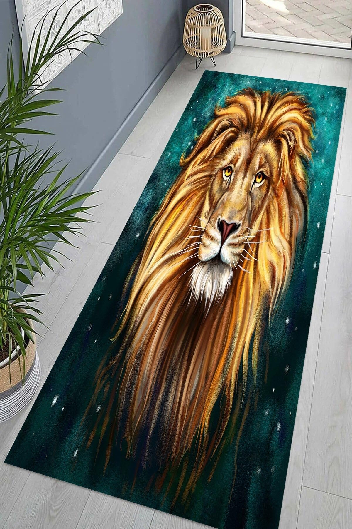 Pelangi Aslan Kafası Portre Aslan Burcu Dijital Baskı Yıkanabilir Modern Salon Halı ve Yolluk, Yeşil-Sarı 80 x 150, 95552980801507