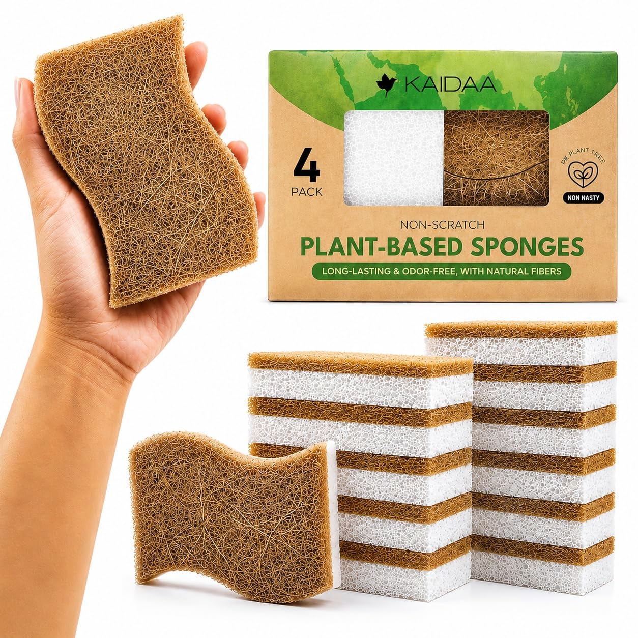 KAIDAA Pack of 3 Biodegradable Natural Kitchen Sponge - Compostable Cellulose and Coconut Walnut Scrubber Sponge - Eco Friendly Sustainable Sponges for Dishes-image-7
