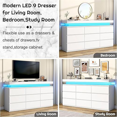 Miniatura 5 de Cómoda de 9 cajones para dormitorio, cómoda blanca con luces LED, cómoda moderna para armario, armario organizador de cajones de 63 pulgadas de