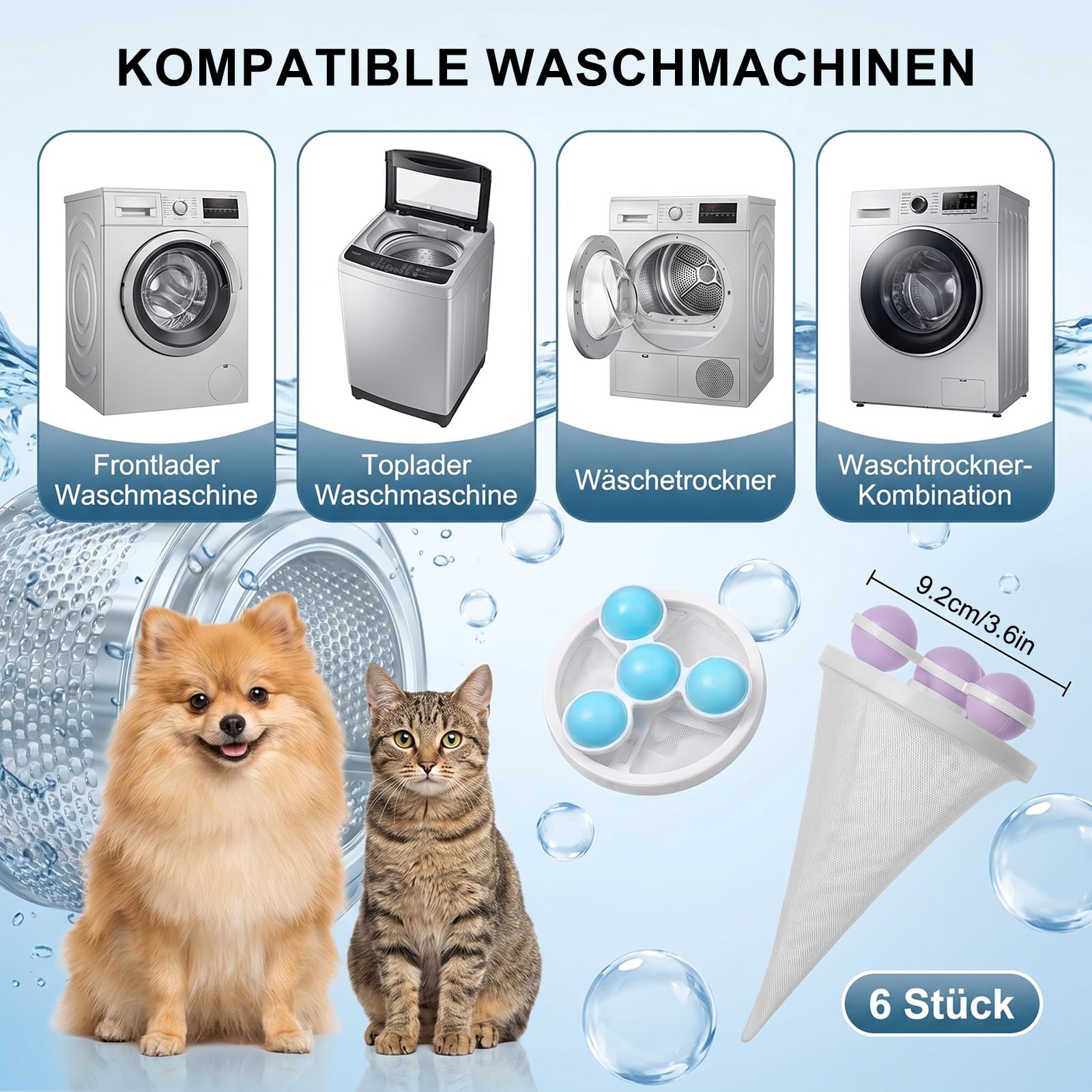 6 Stück Tierhaarentferner Waschmaschine, Wiederverwendbarer Flusenfänger Waschmaschinek, Katzenhaarentferner Waschmaschine Entfernt Hunde- & Katzenhaare