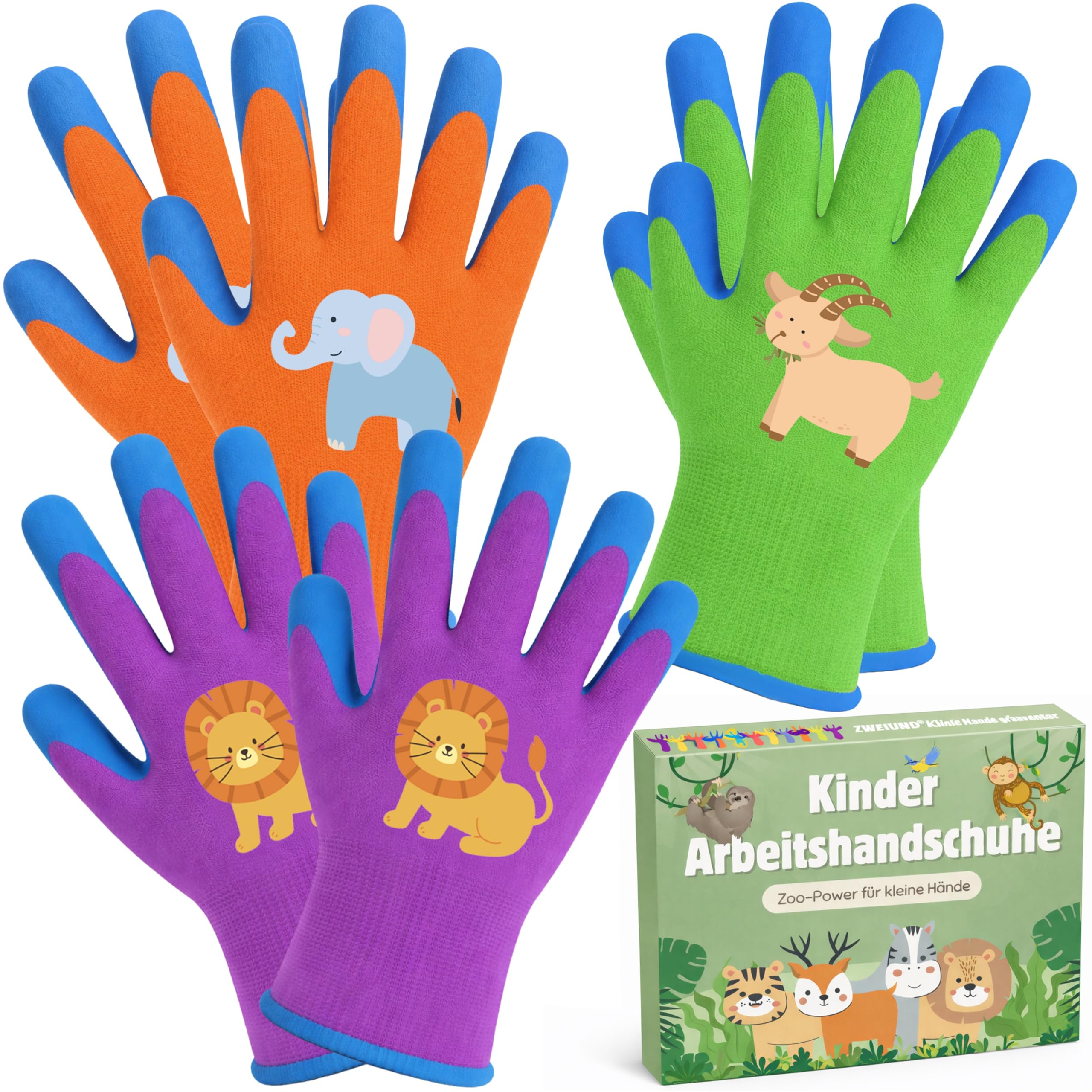 ZWEIUND Kinder Arbeitshandschuhe 3 Paar, Gartenhandschuhe mit Latexbeschichtung, rutschfest & atmungsaktiv, Schutzhandschuhe für Kinder 2–12 Jahre, Größen S–L, mehrfarbig
