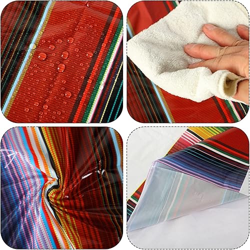 Miniatura 3 de Oudain Mantel de plástico de 4 piezas de 108 x 54 pulgadas, impermeable, a rayas mexicanas, para noche de tacos, festivales, bodas, color blanco