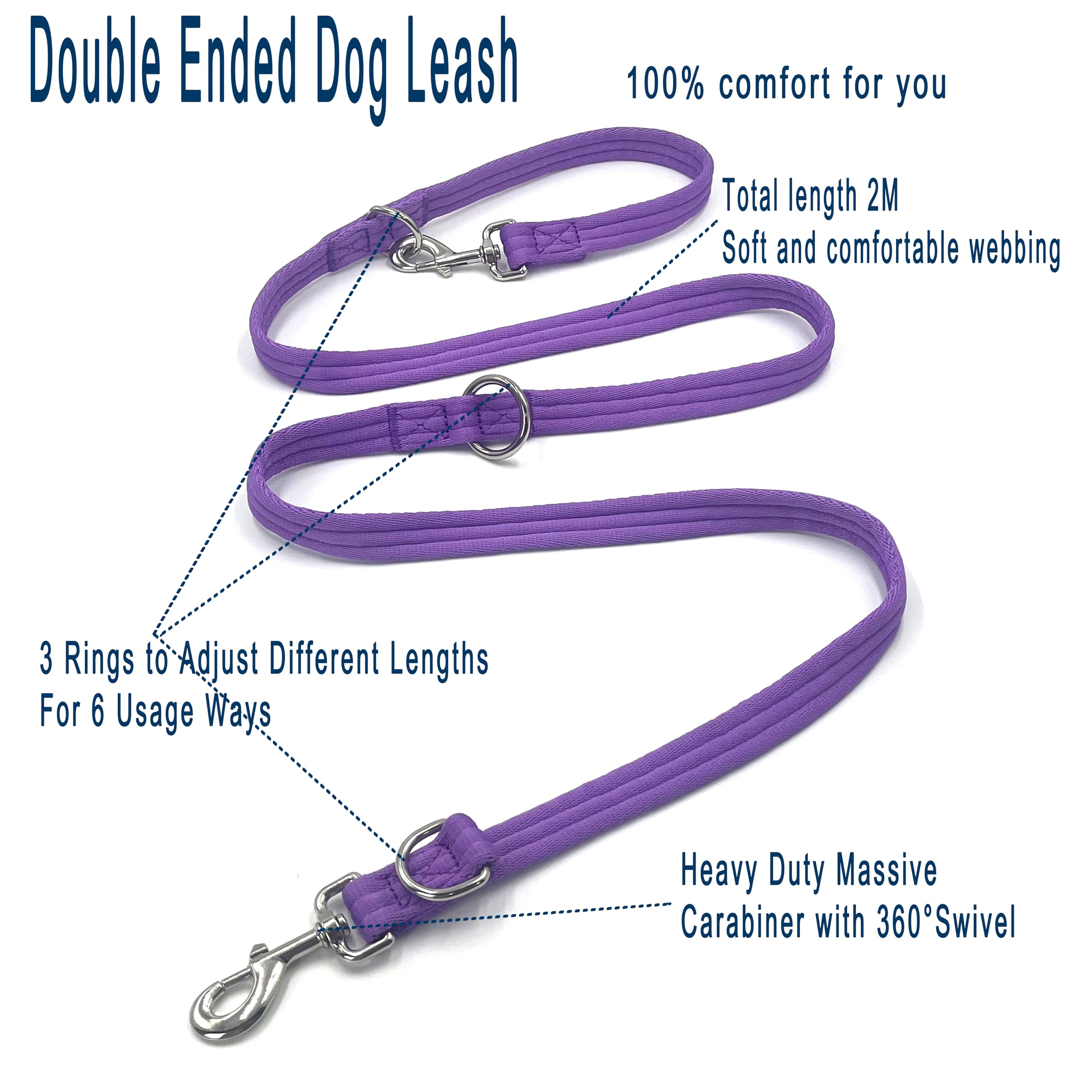 Dog Leash-Multifunctional Double Ended,for Obedience Training Or Distance Work Easy to Use,Lightweight,Soft&Durable Convertible Hands Free,Crossbody,Over Shoulder (Purple - Image 2