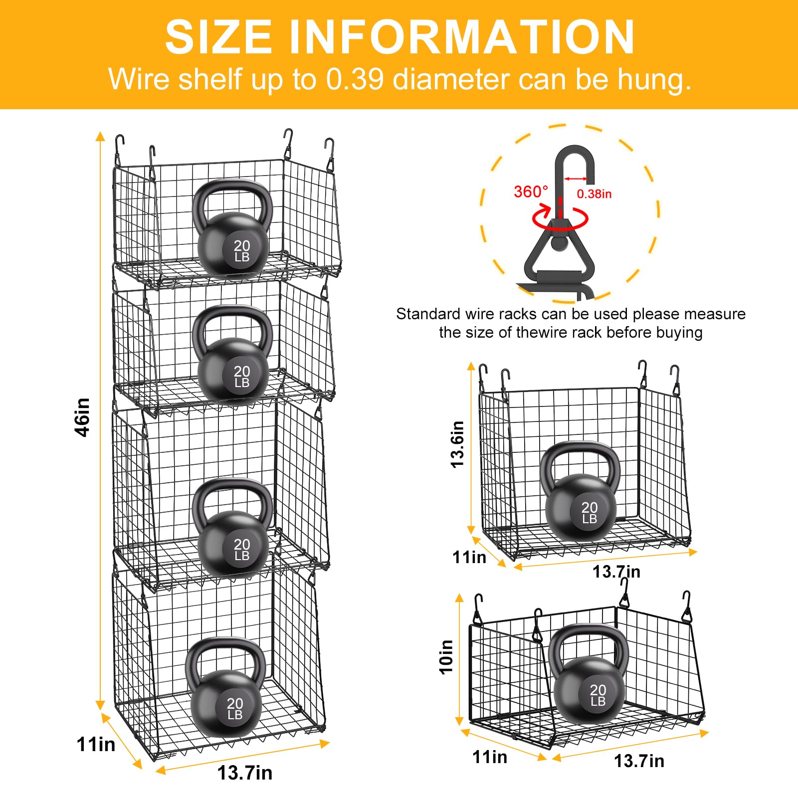 Lyuwanxian Organizador de armario colgante de 4 niveles con ganchos giratorios de 360°, estantes colgantes plegables para espacios pequeños, cesta de almacenamiento de alambre, sistema organizador de