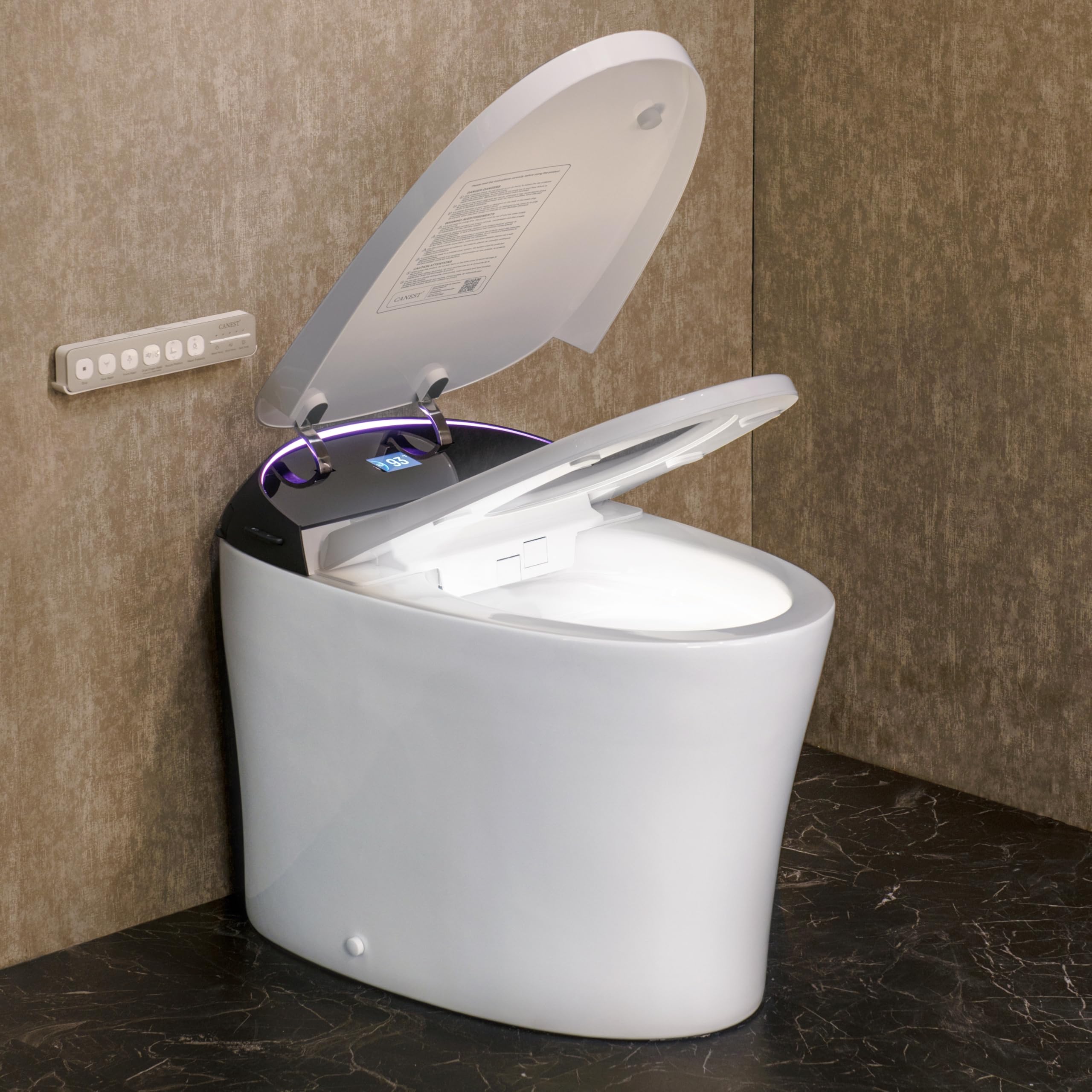 CANEST Smart Toilet with ADA Chair Height, Foam Dispenser, 1.1/1.6GPF Dual-Flush Bidet Toilet, 12" Rough-in, One Piece Toilet, Eco Mode, Auto Open/Close, Warm Water/Dryer, Self-Cleaning, Deodorization - (As is because glass/screen on back of toilet is broken, pictured. Box may have broken glass pieces)