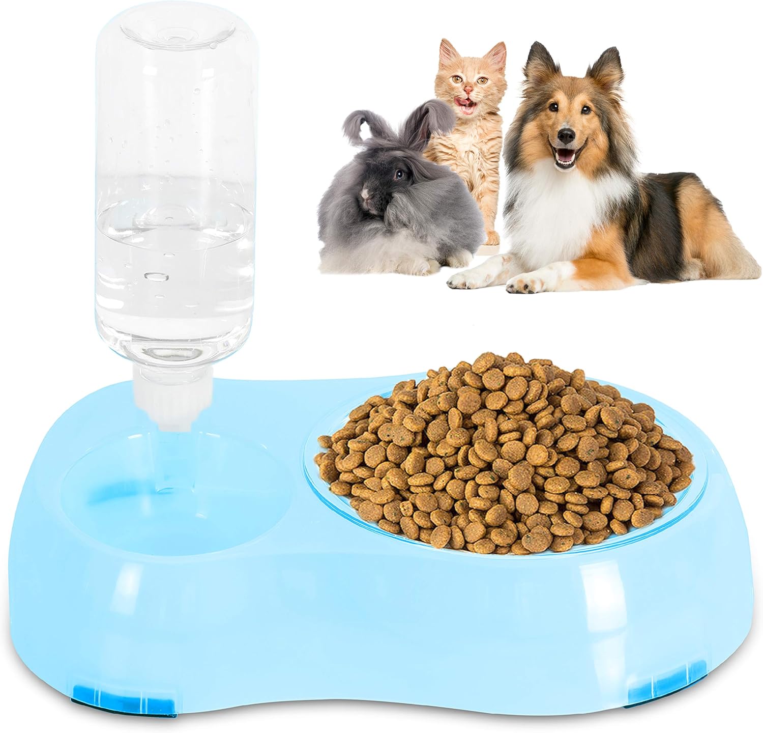 Slow Feeder Bowl, Elevated, Double Transparent for Cats, Small Dogs, Pet Automatic Water Feeder with Water Bottle