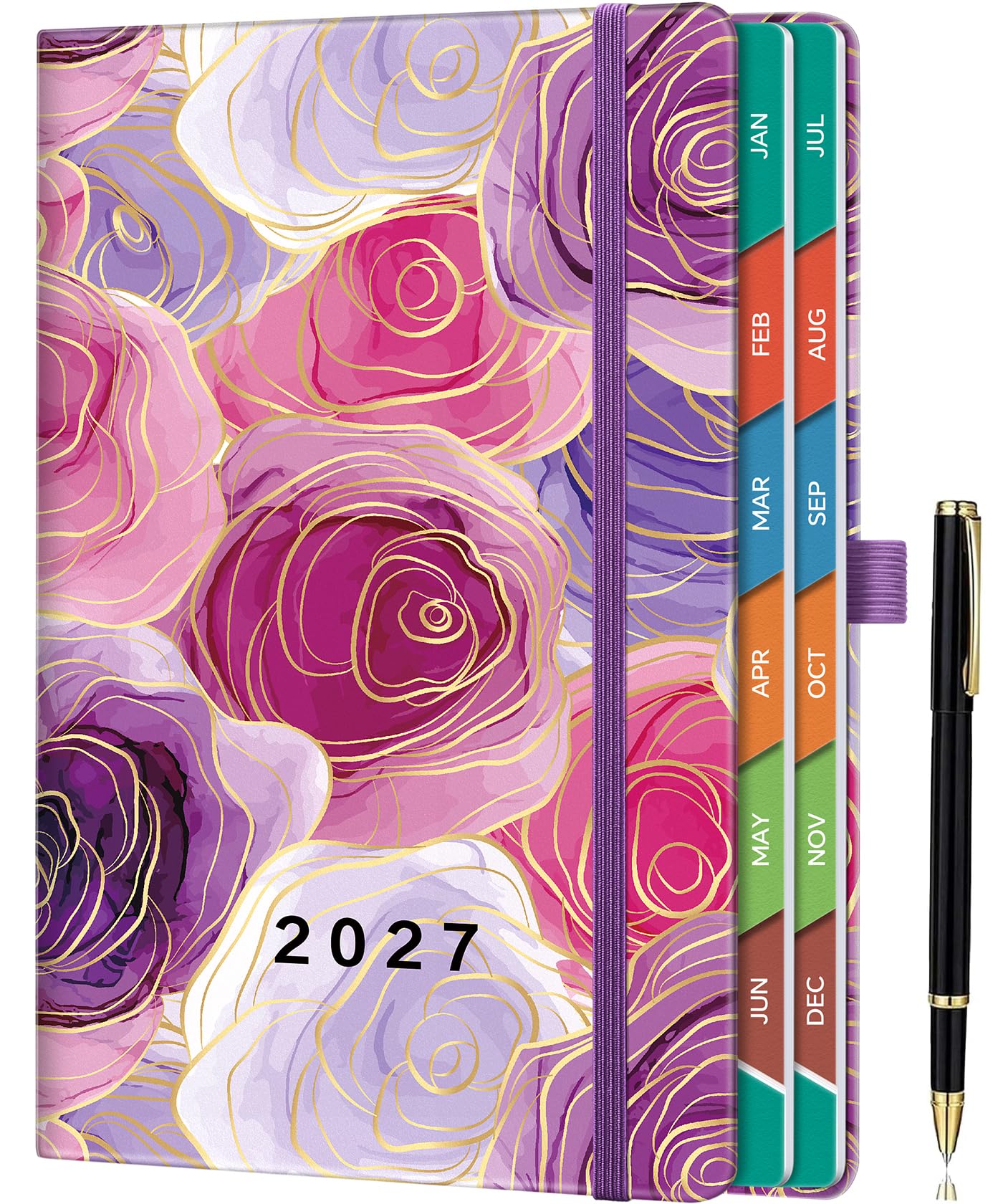 ZXHQ 2027 Diary Page a Day A5, Full Year Daily Planner 2027 with Monthly View, Jan - Dec, with Colorful Tabs, UK Holidays, Inner Pocket, 100 Gsm Paper, Pen Set, 5.9" × 8.5"- Rose Bloom