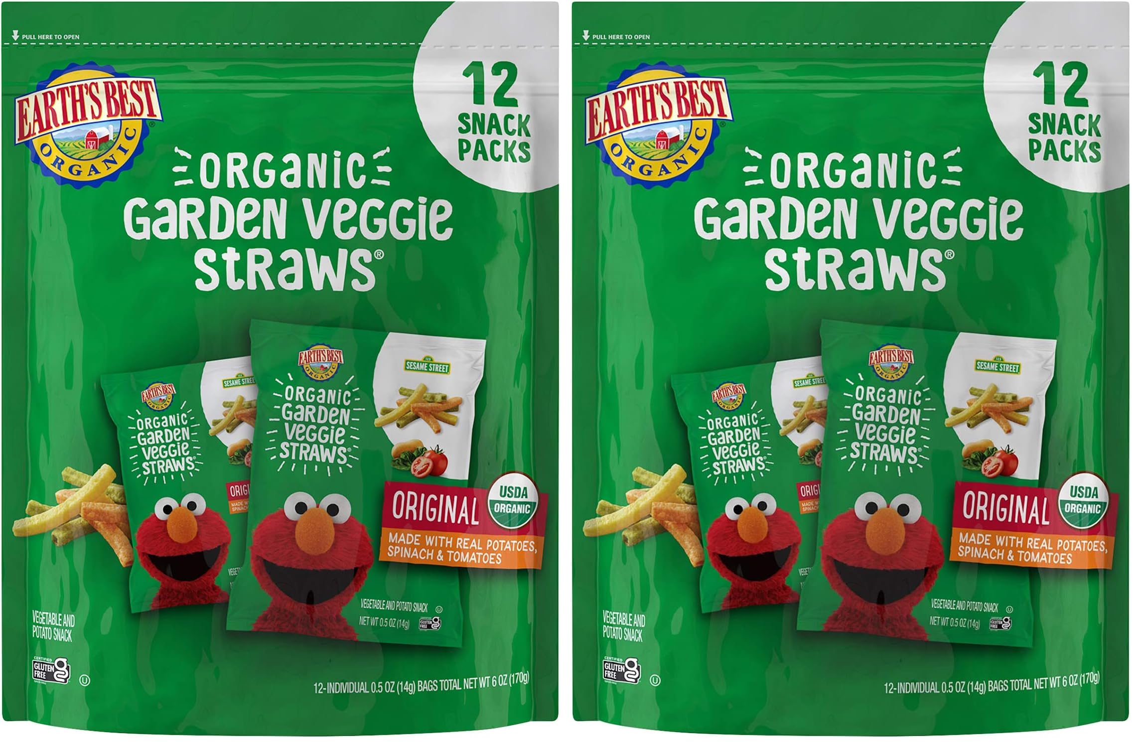 Earth's Best Organic Kids Snacks, Sesame Street Toddler Snacks, Organic Garden Veggie Straws for Toddlers 2 Years and Older, Original, Multipack, .5 oz Bags, 12 Count (Pack of 2)