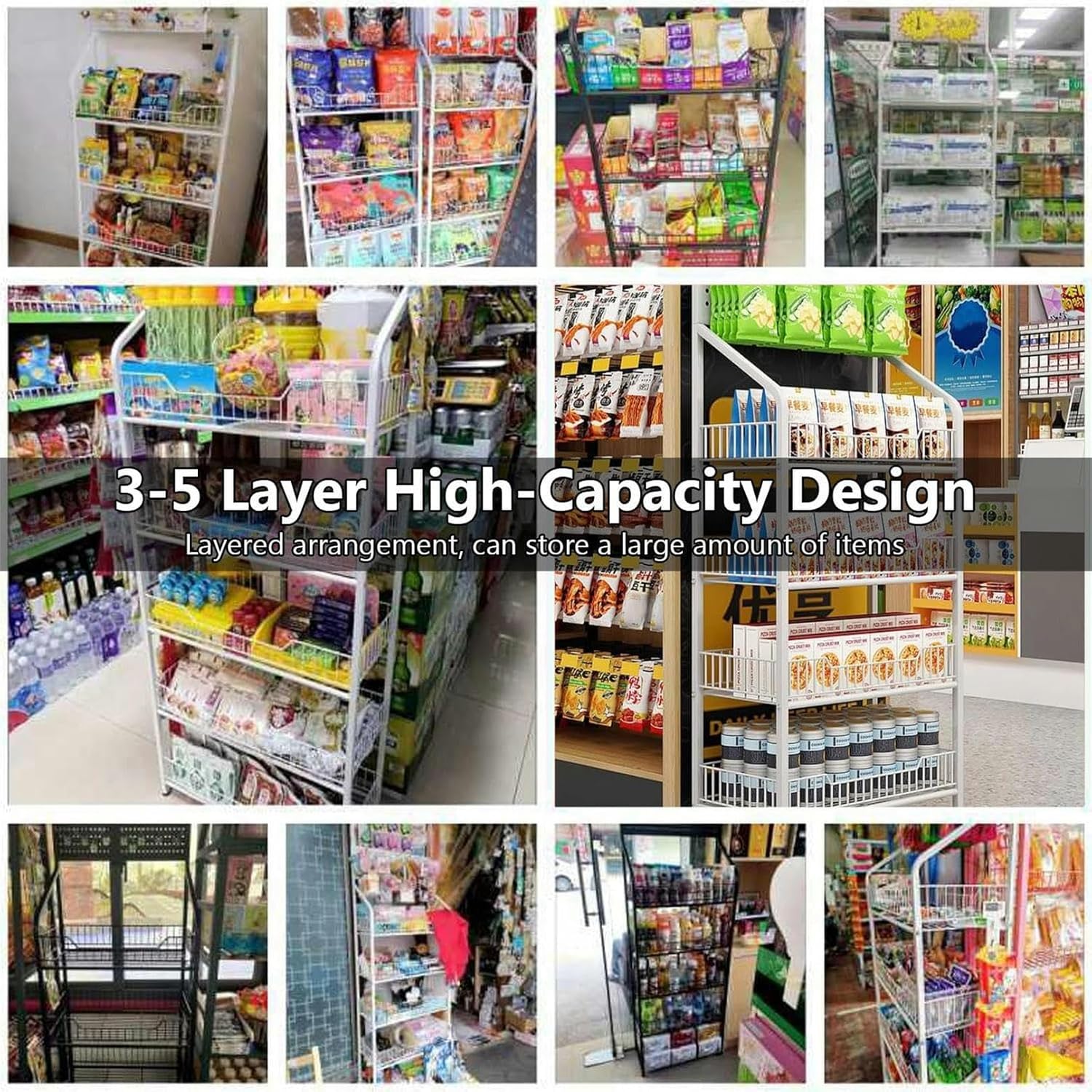 Supermarket Shelf Display Rack, Utility Shelves with Removable Hook, Black/White Retail Display Racks for Chips Snacks Packaged Foods Boxes Cans Beverage Beer, 4 Tiers 60cm