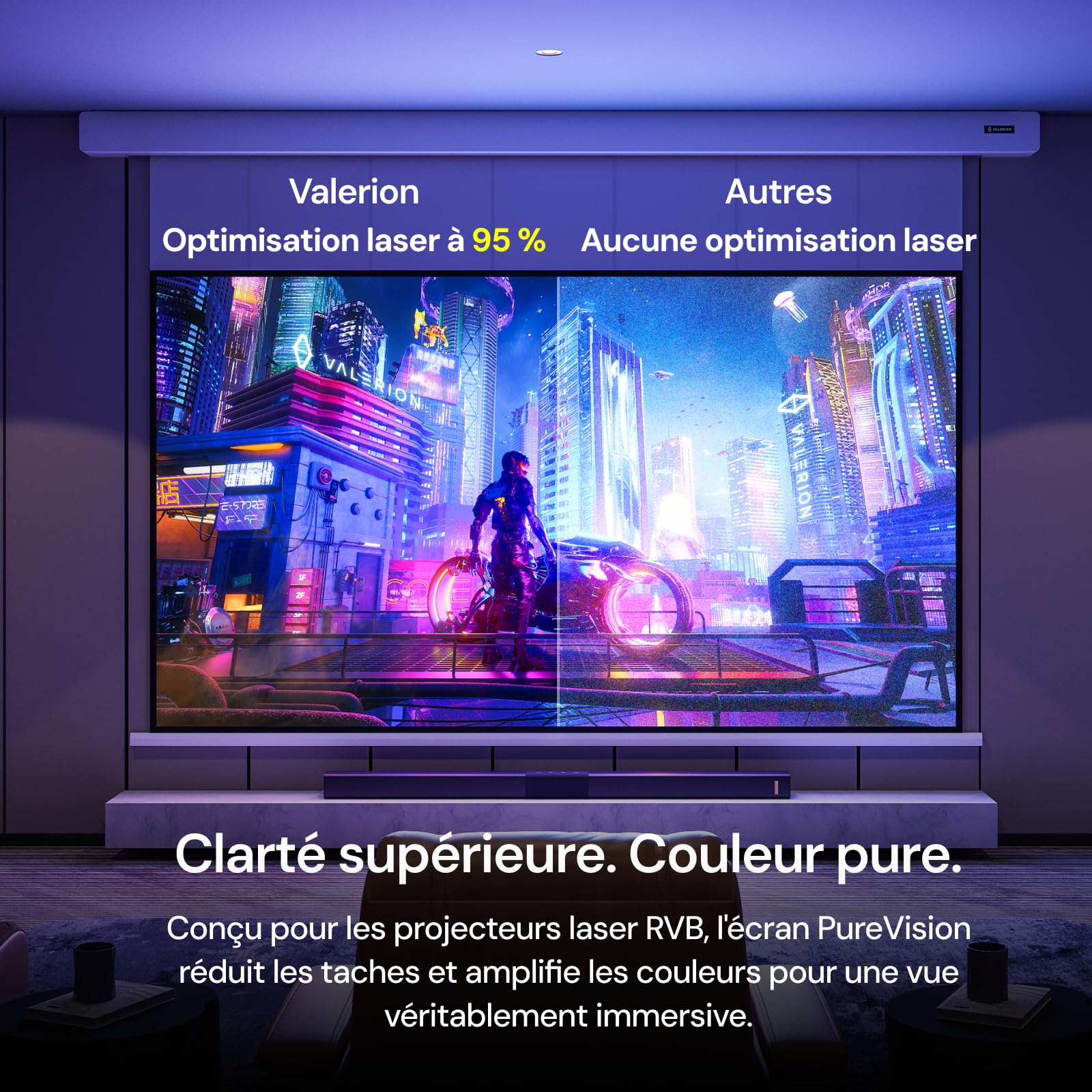 Pack Home Cinéma Anti-Speckle : Projecteur Laser Triple 4K Valerion Pro2 avec écran motorisé de 120"