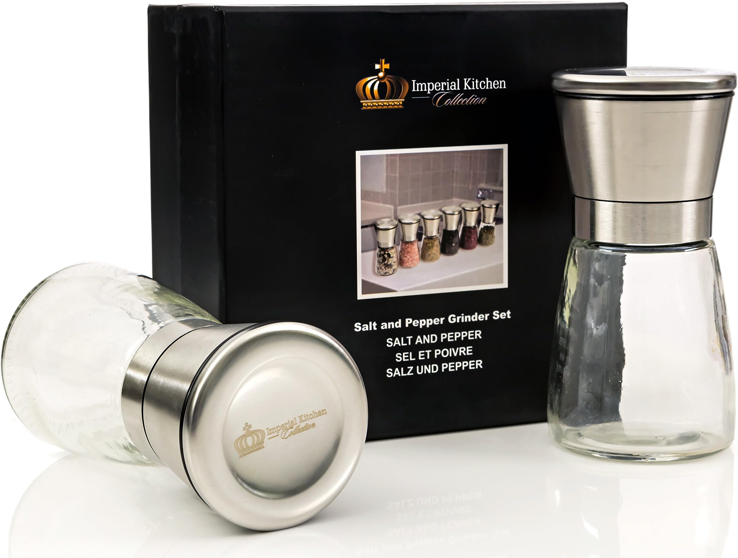 #1 Best Salt and Pepper Grinder Set - Deluxe Stainless Steel Mills, Glass Bottle, Adjustable Ceramic Grinding Mechanism, Premium Gift Box by Imperial Kitchen Collection