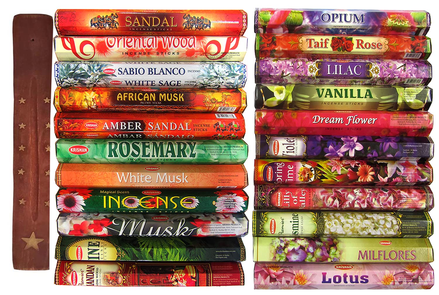 Krishan Incense Sticks Wood & Fruit Magical Scents Combination (20 stick x 12 Hexa Pack = 240 Sticks) with Wooden Incense Holder