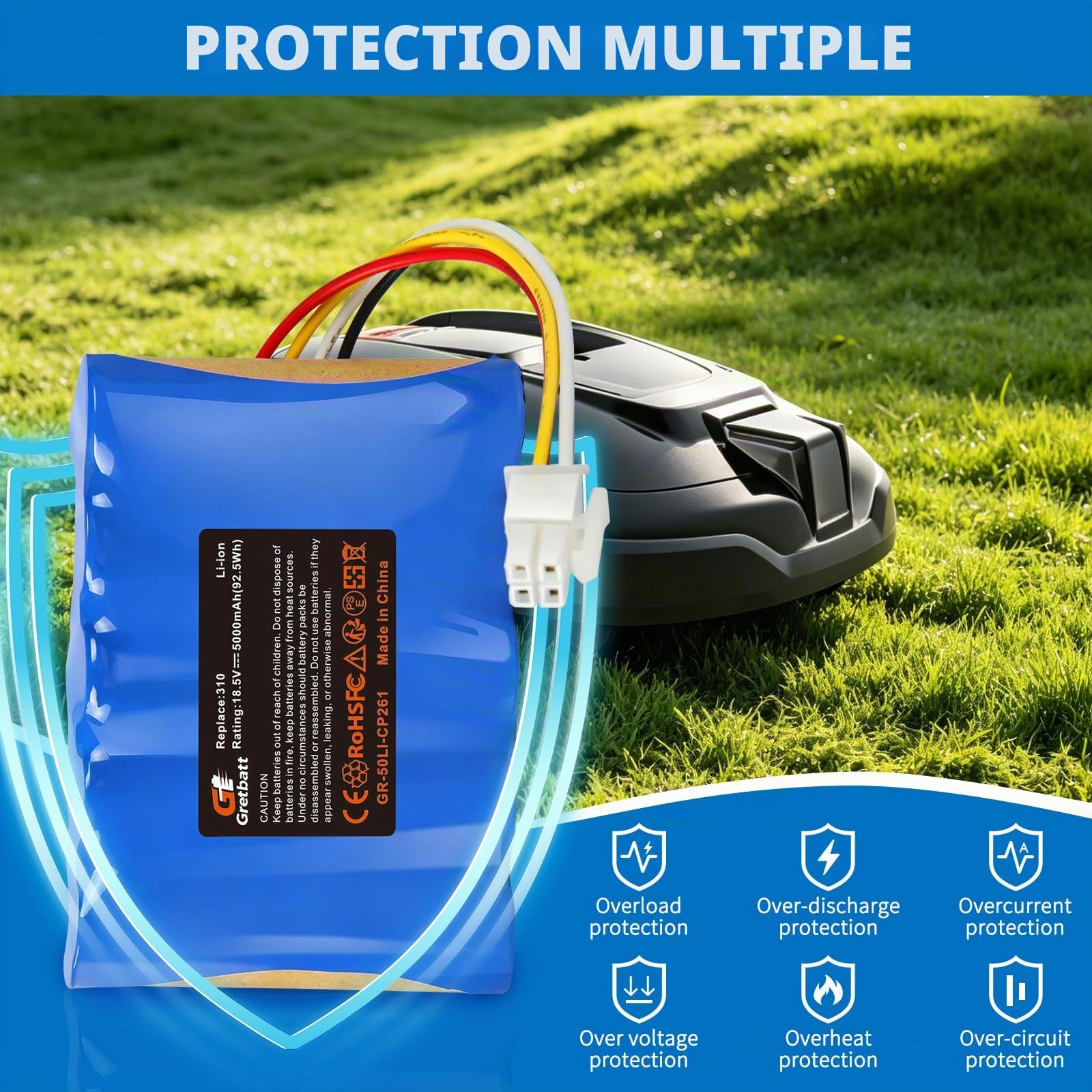 Batterie de Remplacement 18.5V 5000mAh pour Tondeuse Robot Husqvarna Automower 310, 315, 5848228-01, 5848228-02, 5848528-01, 5895862-01, Compatible avec Les tondeuses Robot Gardena Sileno R100Li, R1