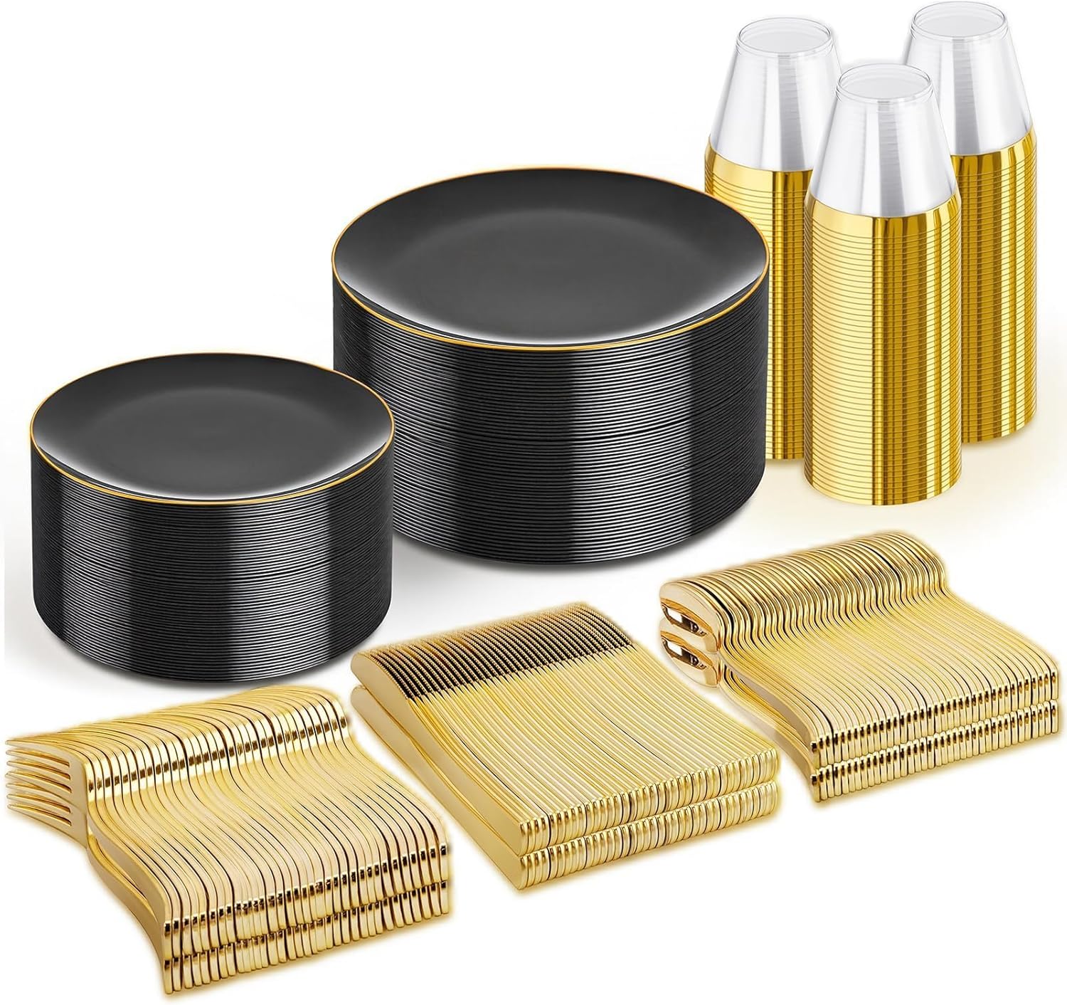 WDF 300PCS Black and Gold Plates - Black Plastic Plates for Party - 50guest Disposable Dinnerware Sets for Graduation Wedding Party Birthday