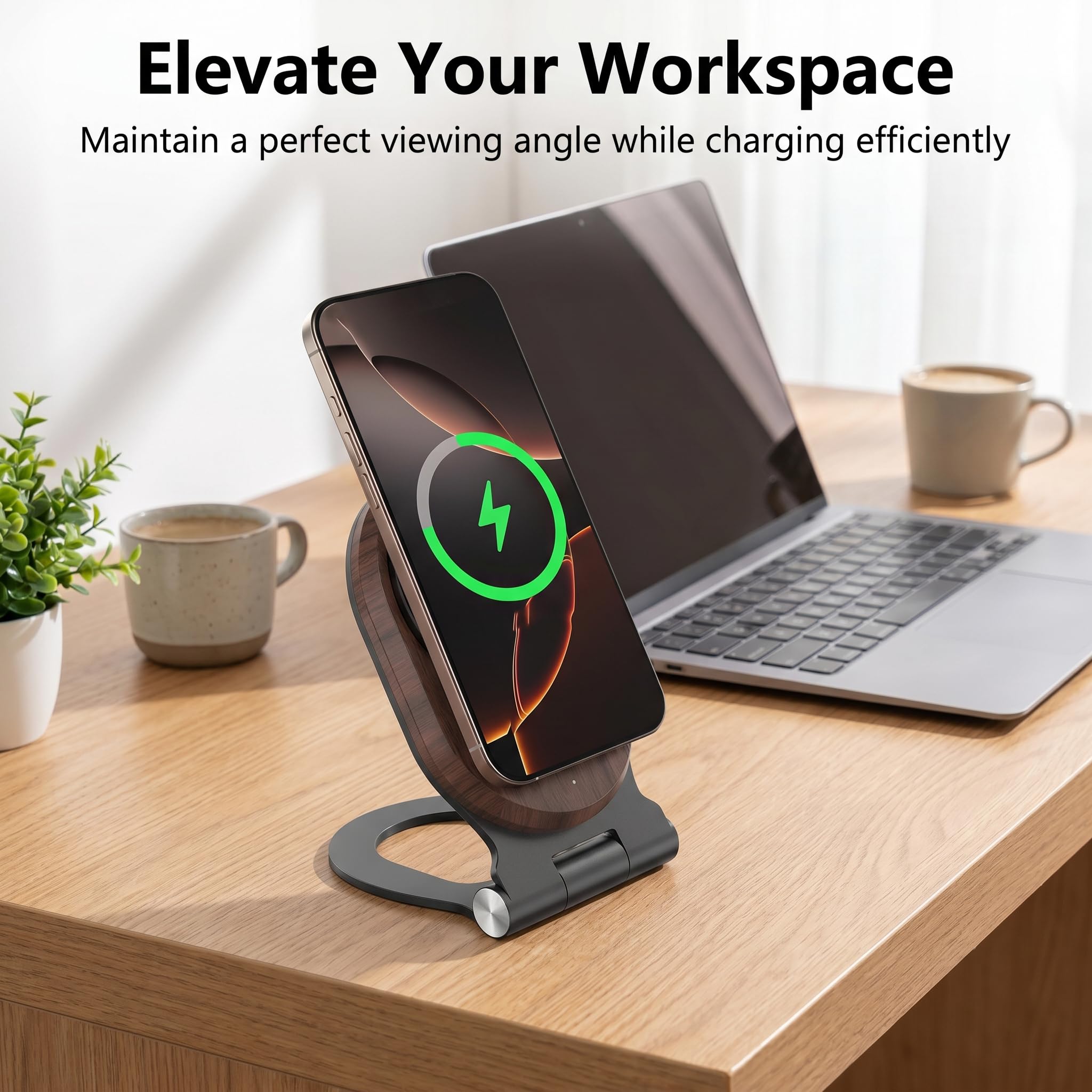 Soporte magnético de madera de nogal, base de carga rápida plegable de 15 W con ángulo ajustable de 0 a 85°, compatible con MagSafe para iPhone 17/16/15/14/13/12, decoración de escritorio y