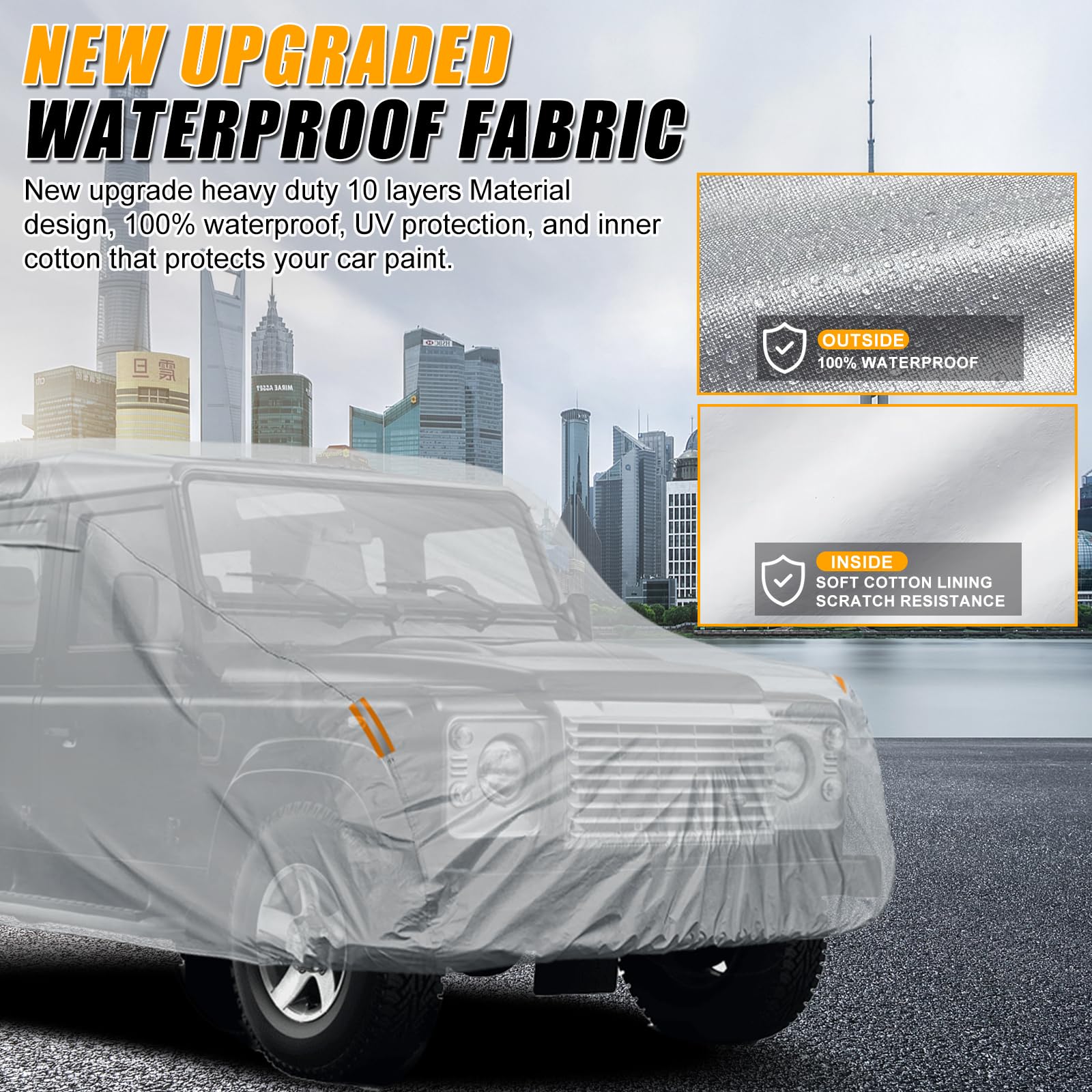 Autoabdeckung Wasserdicht für Land Rover Defender 110 1990-2016 | Grau Vollgarage Autoplane Auto Abdeckplane Winter Sommer Allwetter Outdoor Abdeckung mit Reißverschluss Tür, Windschutzbänder
