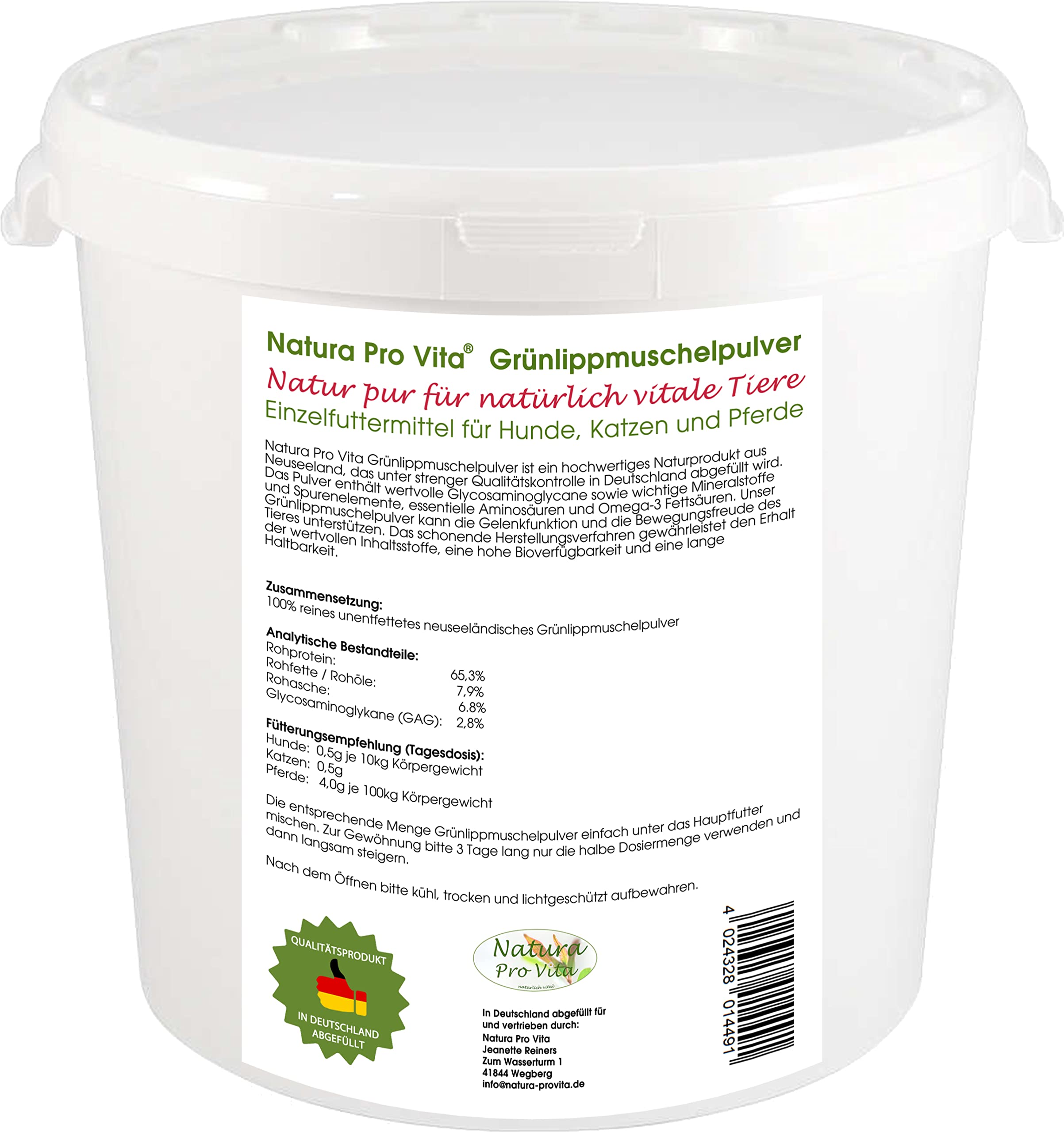 Grünlippmuschelpulver für Pferde Knochen Gelenke Sehnen Haut Fell Natur pur Top Qualität natürliche Taurinquelle reines Grünlippmuschelpulver Glycosaminoglycane (Gag) hohe Bioverfügbarkeit 1kg Eimer