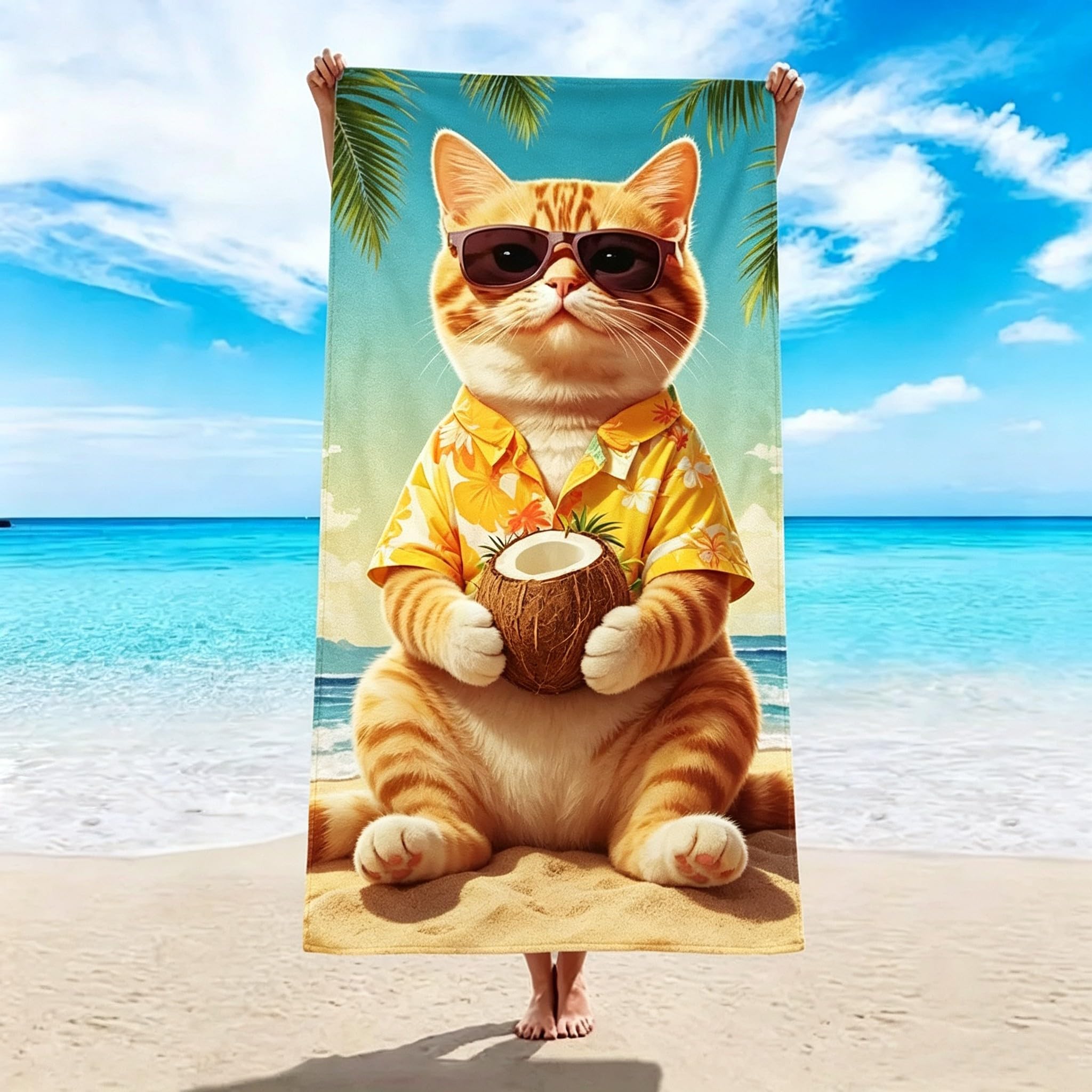 Telo Mare Microfibra Gatto arancione Asciugatura Rapida | Asciugamano da Spiaggia Cocco verde giovane, 145x200 cm, Assorbente, Accessori Mare, per Palestra Viaggio