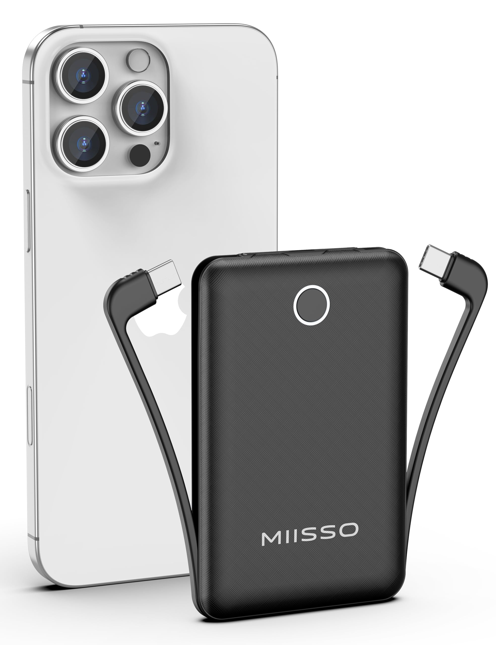 miisso 10000mAh Compatible with iPhone 15/16/17 and Android, Slim Portable Charger with Built in Cable, Power Bank Travel Charger External Battery Pack for Phone, 3 Output USB Type C Cord, Black