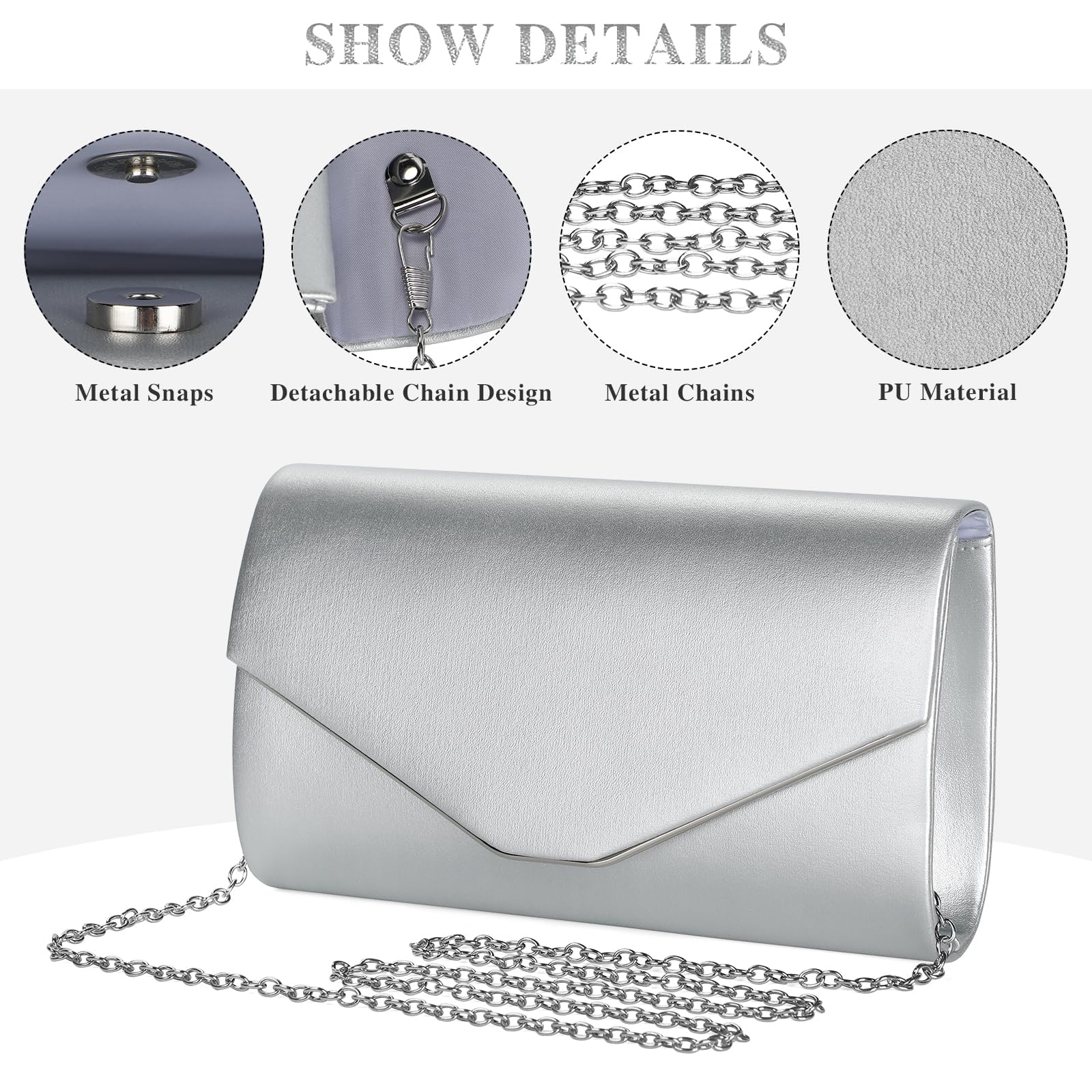 BAIGIO Pochette Donna PU, Borsa da Sera con Catena Staccabile, Elegante Busta per Ballo di Fine Anno, Matrimonio