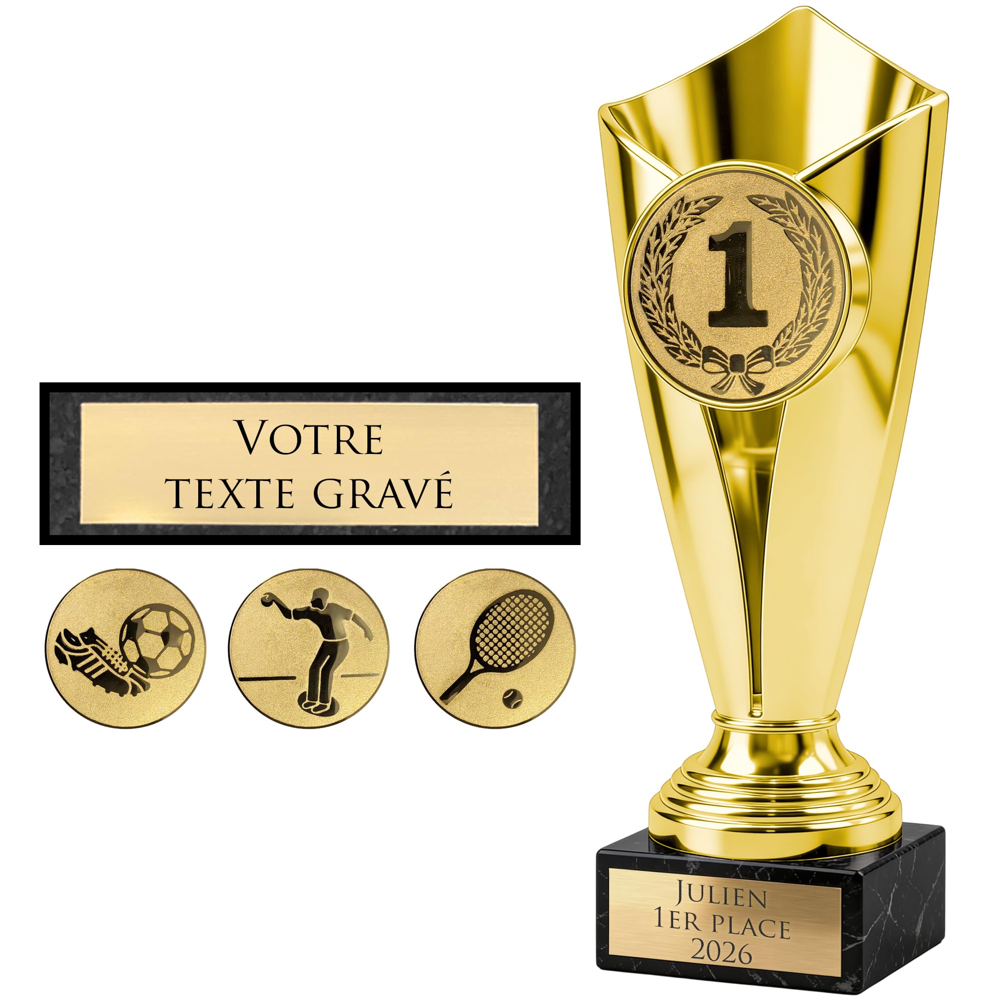 KDO MAGIC - Trophée Personnalisable - Coupe personnalisé avec Gravure - Cadeau fête des pères, noël, Retraite, événement Sportif - Or/Bronze/Argent