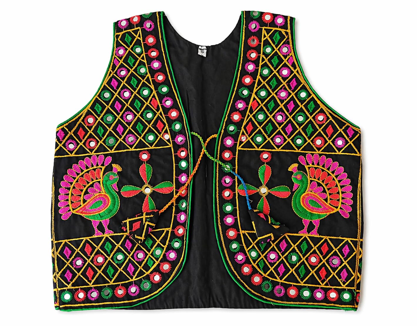 Women Embroidered Ethnic Sleeveless Jacket, Peacock Motif, Mirror Work, Multicolour, Black-image-13