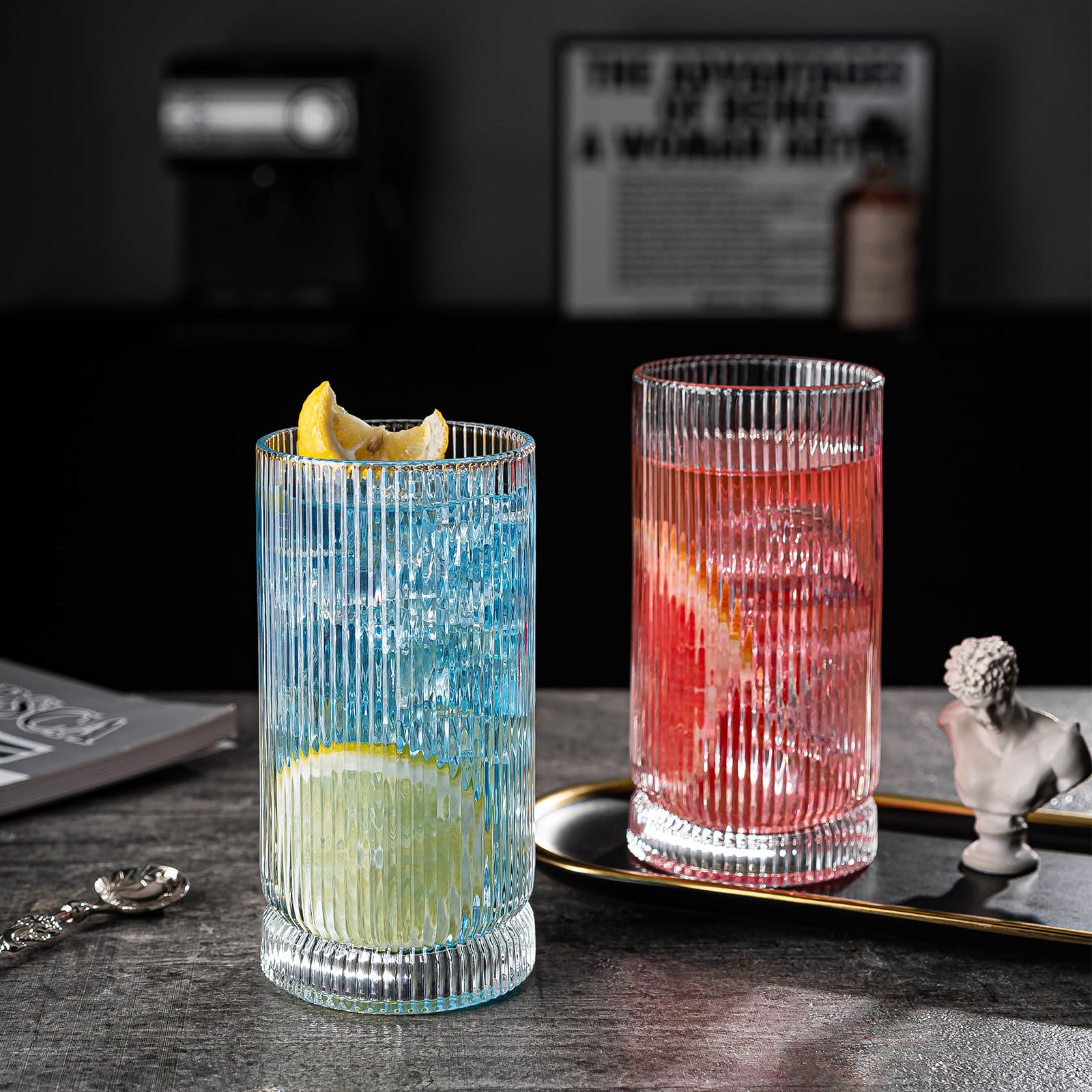 Vasos para beber, 8 vasos de vidrio estilo origami, vasos altos de 15 onzas, elegante cristalería vintage ondulada, vasos acanalados, vasos a rayas, vasos de café helado para cóctel, whisky,