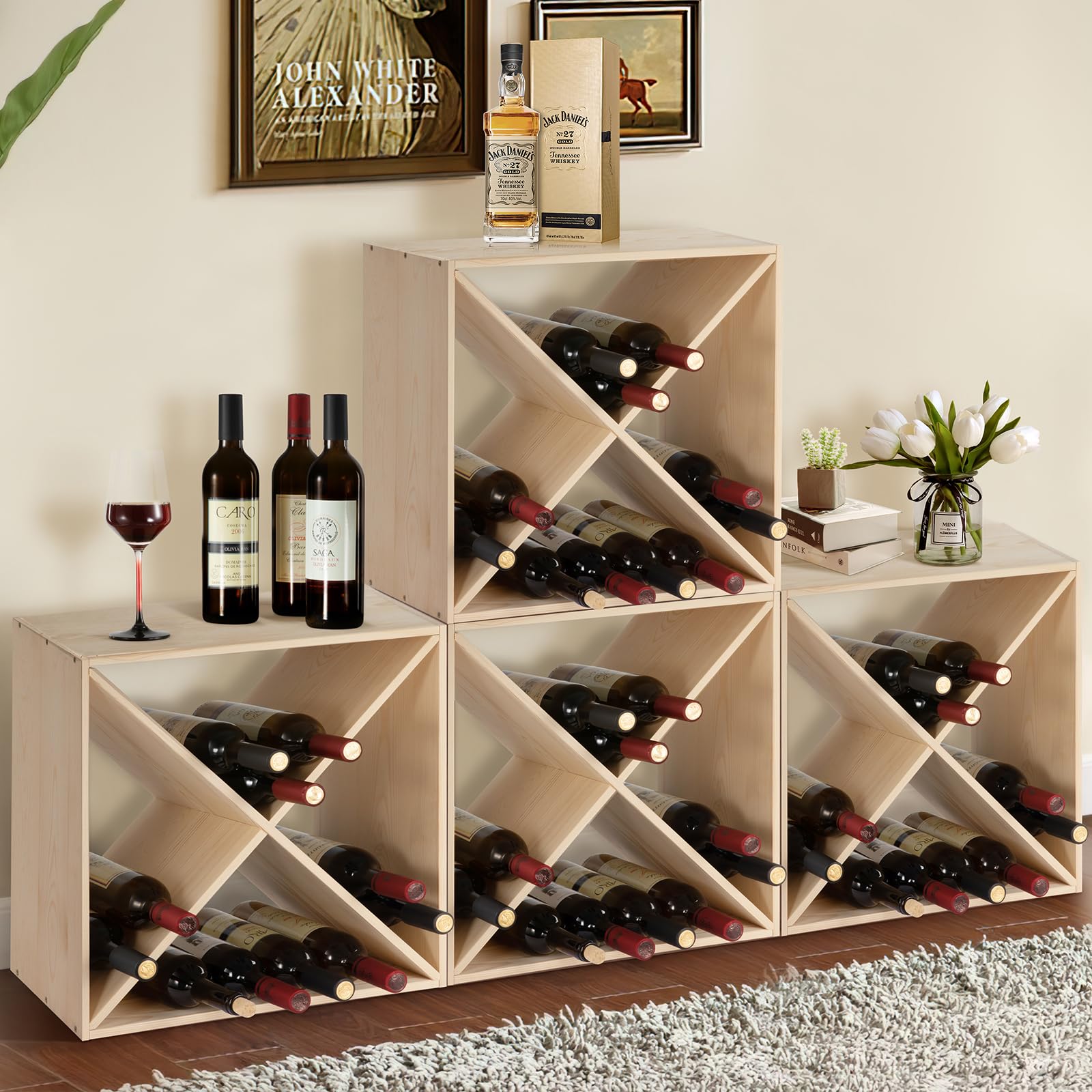 Dreamall 24 Bottle Wine Racks Solid Wood Stackable Storage Rustic Retro ...