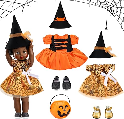 Jenaai 2 juegos de ropa de muñeca de Halloween de 18 pulgadas, disfraz de bruja y calabaza, incluye sombreros de bruja, zapatos, farol, bolsa de
