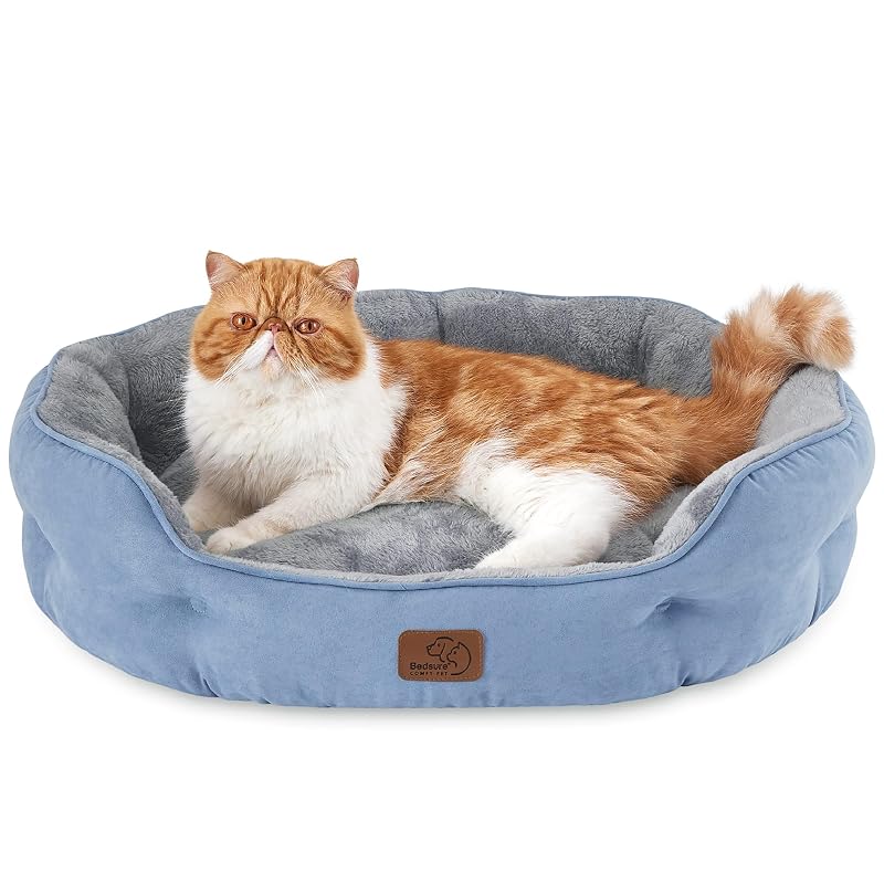 Cama redonda para gatos e cães pequenos Bedsure com sherpa e base antiderrapante, Azul Gelo, 63,5 x 53,34 x 20,32 cm