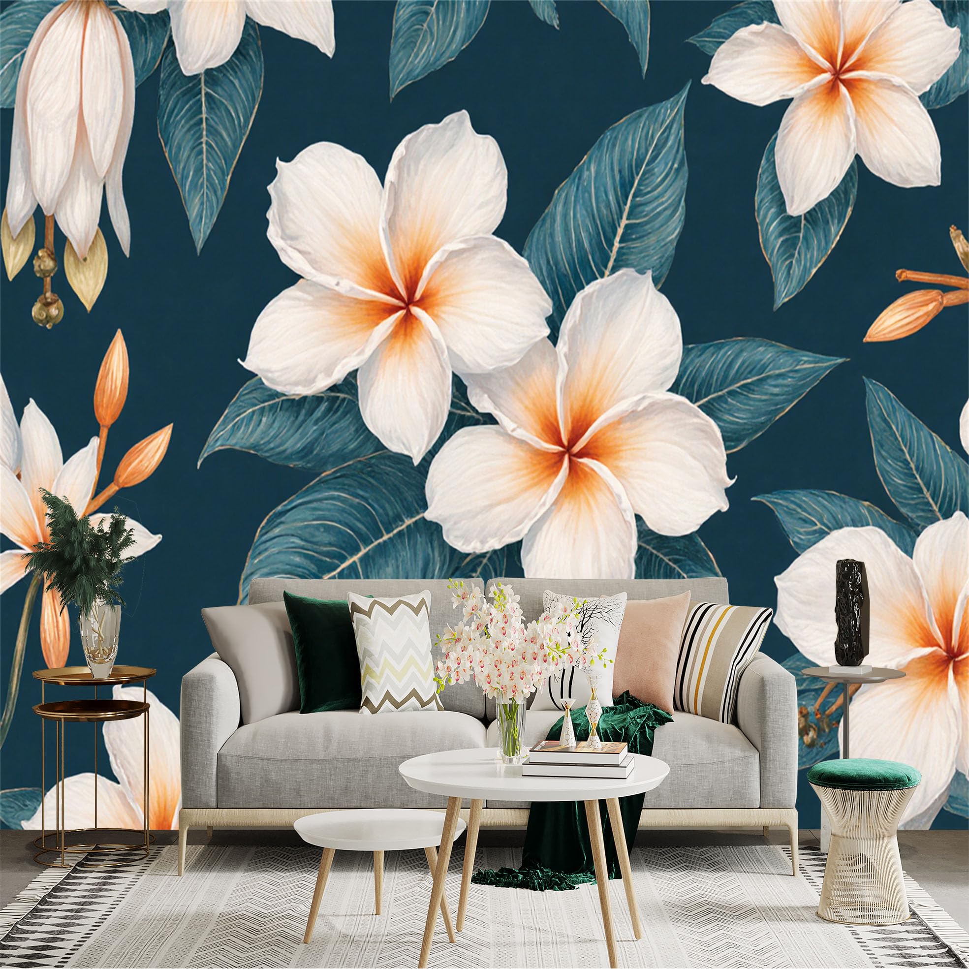 Custom Size Wall Sticker Mural， Elegant White Frangipani Flowers， Tropical Botanical Leaves， Dark Teal Background， Floral Pattern， for wall Decoration， peelandstick wall Decals.