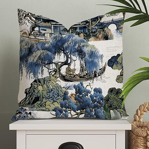 Vista 396 de ArogGeld Chinoiserie - Fundas de almohada escénicas asiáticas, estilo asiático, funda de almohada azul y verde Kelly, funda de cojín para decoración