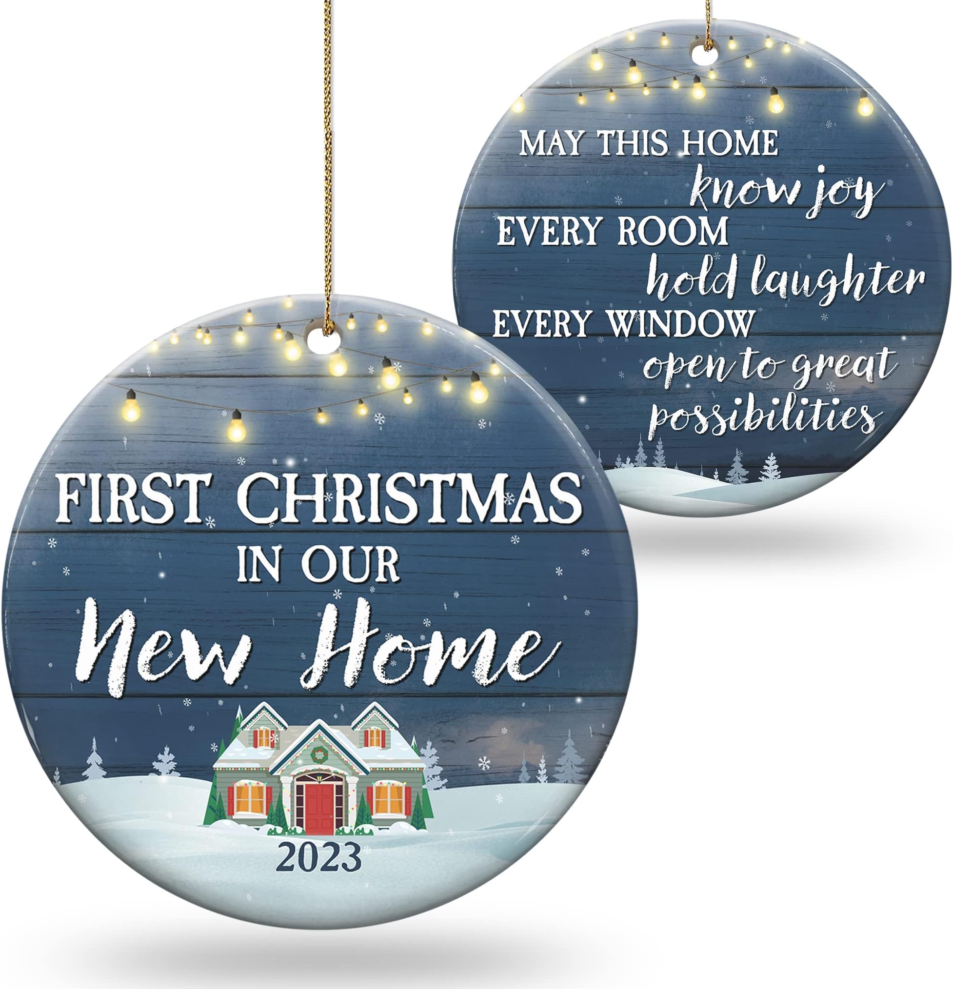 GiveenaNew Home Ornaments 2023 - First Christmas in Our New Home 2023 Christmas Tree Decorations - Christmas Ceramic Ornament Housewarming Gift for Couple, Family, Friends with Ribbon and Gift Box
