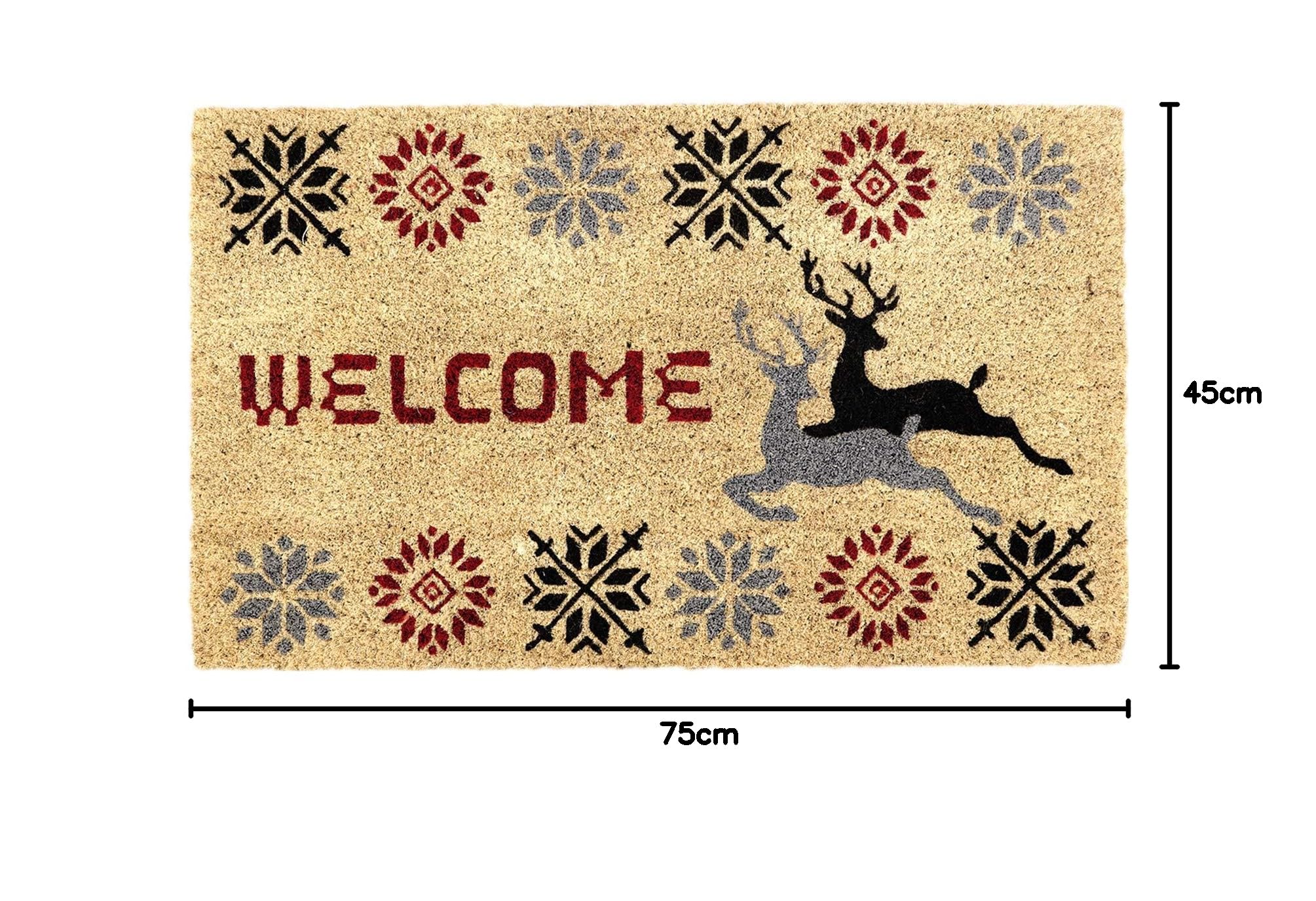 Coco&Coir, Zerbino antiscivolo, in fibra di cocco spessa, qualità premium, retro in gomma, ecologico, per interni ed esterni, resistente, tema natalizio, 45 x 75 cm (cervo natalizio