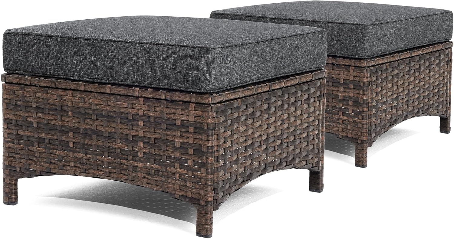 HILLGA Luxury 2PCS Patio Ottomans Footrest, Premium Wicker Steel Frame Outdoor Fabric, Comfortable Cushions, for Garden, Porch, Backyard and Deck (Blue)