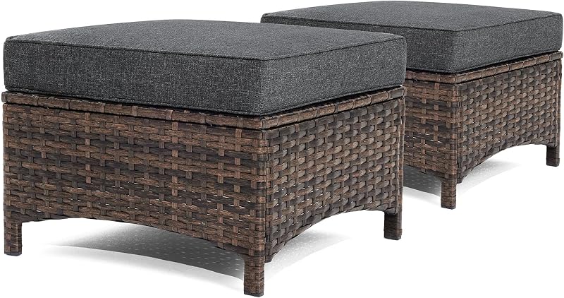 2 otomanos de exterior para patio, reposapiés de exterior con marco de acero | 2 uds, otomana de mimbre, reposapiés para Patio, mimbre de primera calidad, cojines cómodos, terraza para jardín, porche y patio trasero (gris)