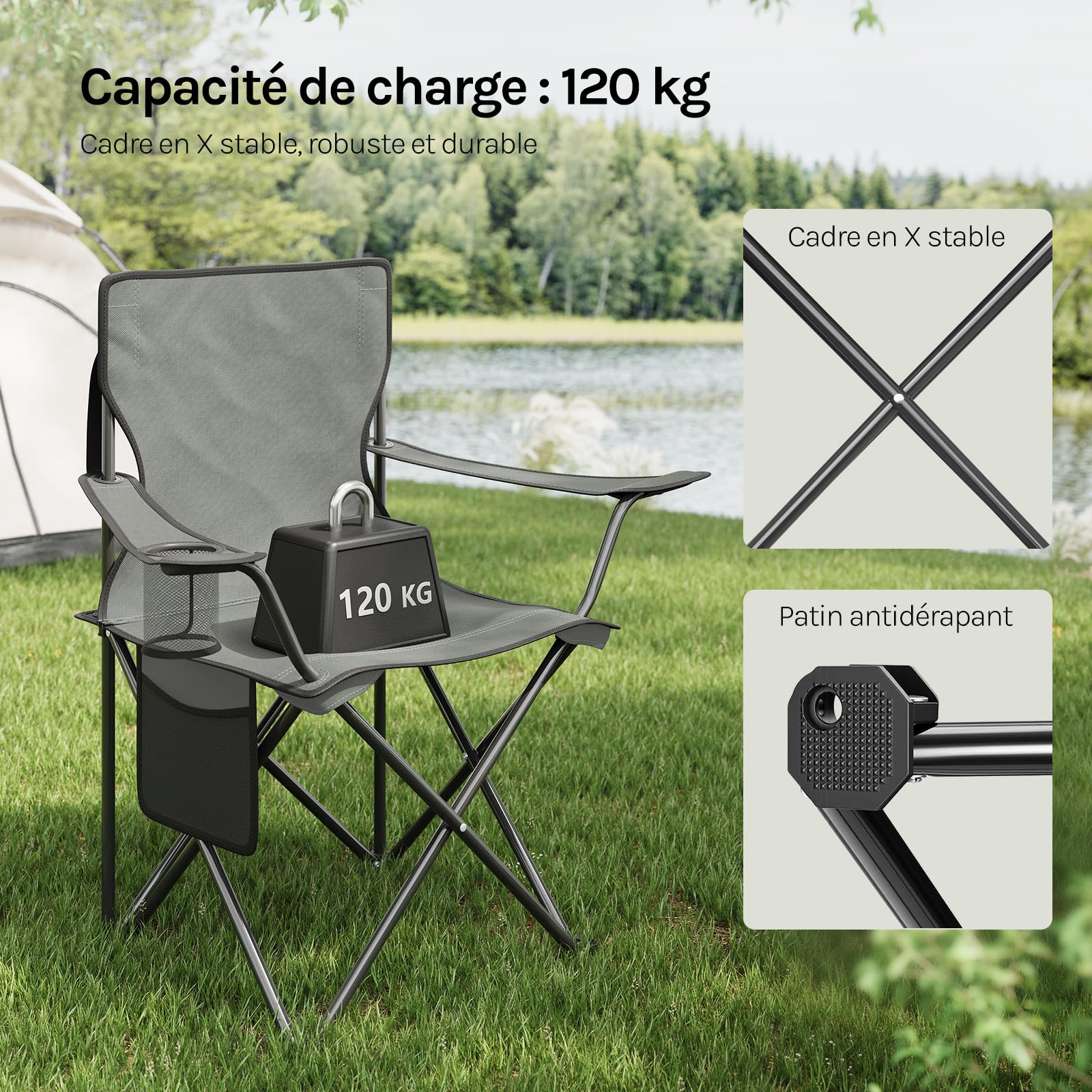 WOLTU Lot de 2 Chaises de Camping, Chaises Pliables Portables avec Porte-gobelet et Poche Latérale, Charge 120 kg, pour Camping, Pêche, Pique-Nique, Plage,Gris Foncé