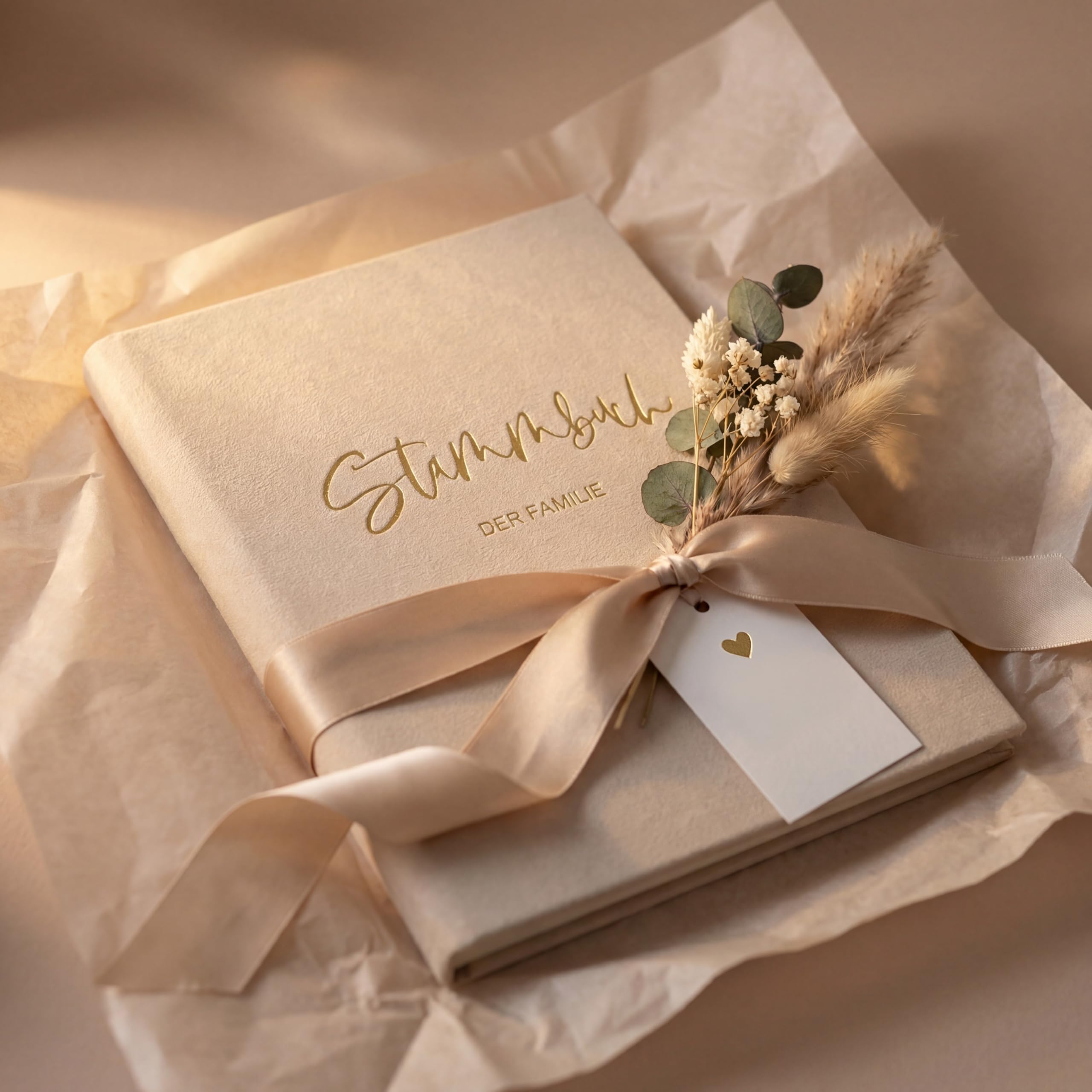 Stammbuch Hochzeit Beige-Grau Gold Samt Velour, handgefertigt inkl. vorgedruckten Innenseiten -Standesamt Familiestammbuch, 16x21 cm