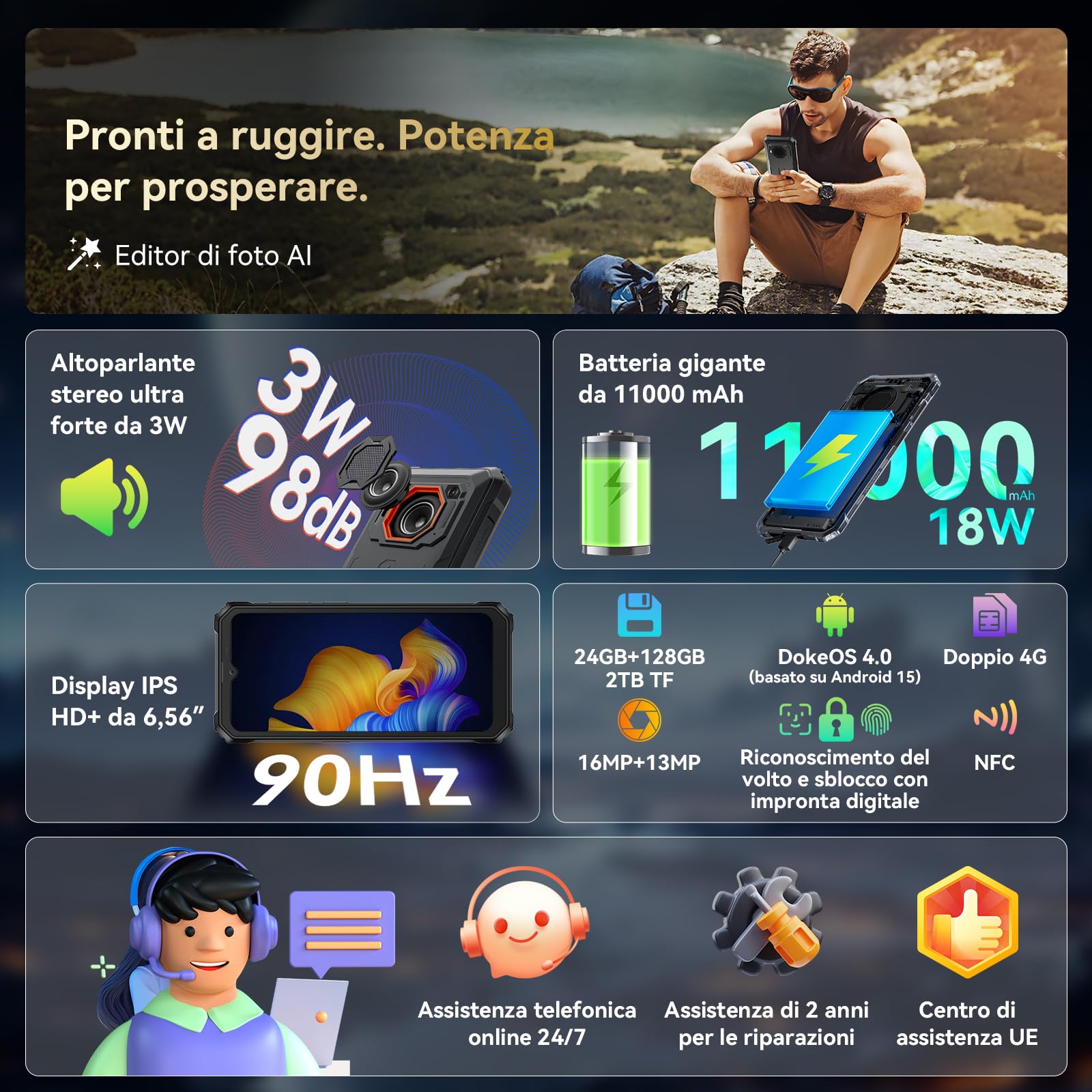 Blackview BV6200 Plus Rugged Smartphone 2026, Batteria 11000mAh Telefono Indistruttibile 24GB+128GB/2TB TF, 6.56" HD+, 98dB Altoparlante, Fotocamera AI 16MP+13MP, Fingerprint/NFC/GPS/3 Anni Garanzia