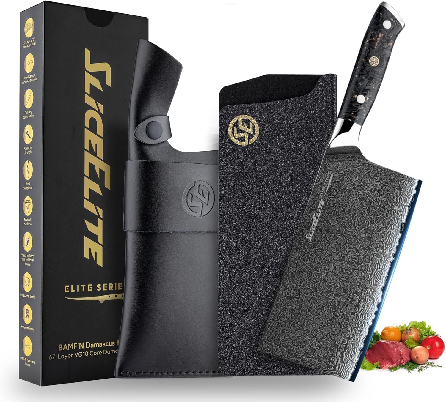 SliceElite Elite Series 7 Inch Meat Cleaver Knife Damascus VG10 Core Forged Carbon Fiber Handle Heavy Duty Chopper Sharp Kitchen Butcher Bone Cutter Vegetable Fruit Chef Tool Dual Protection Gift