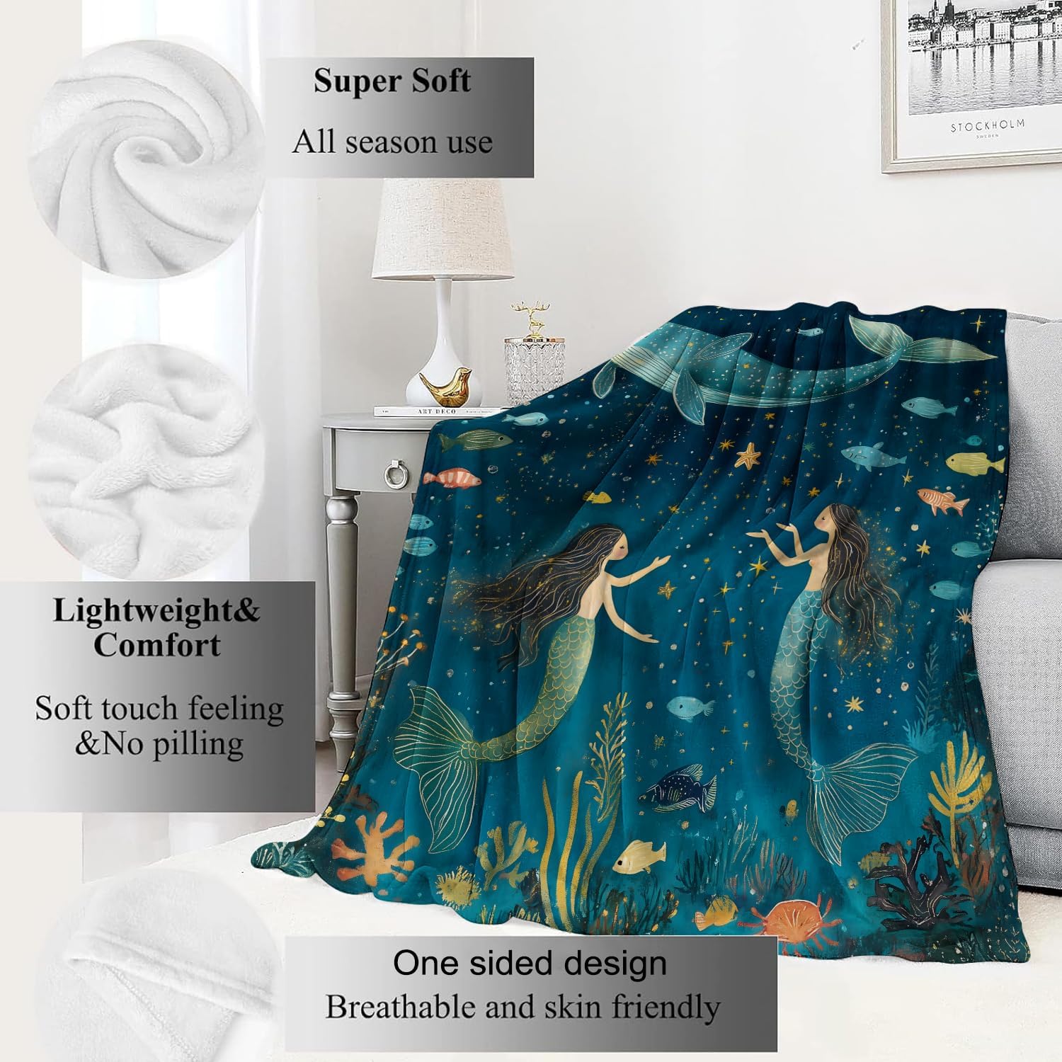Mermaid and Whale Blanket Magical Underwater Marine Life Throw Blankets,Birthday Gifts for Kids Adult,Lightweight Soft Fleece,Ocean Lovers,Sofa Couch Bed Room Decor 50x60in - Image 2