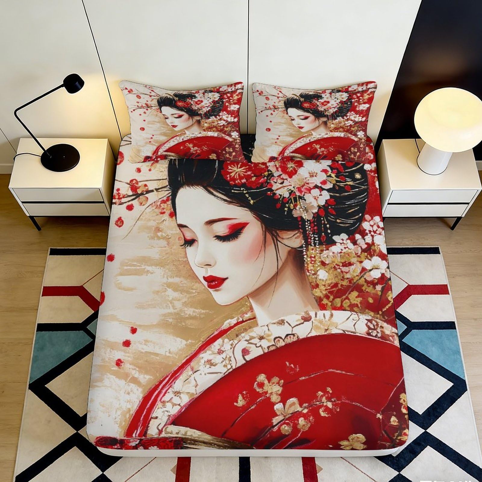 3D Printed Oriental Red Geisha Fitted Sheet Microfiber Soft Touch Blossom Bed Cover for Bedroom Guest Room Decor 90x200x25cm
