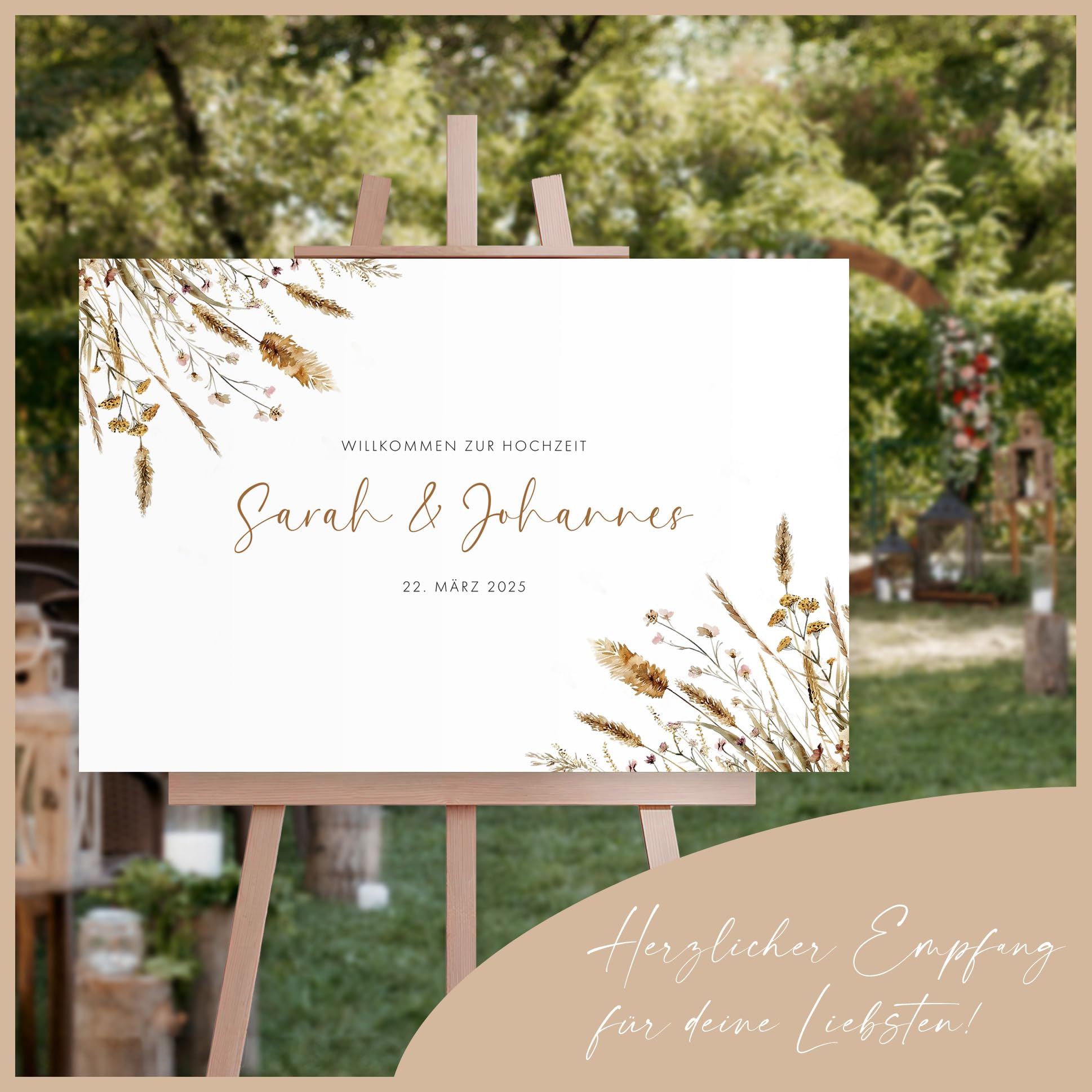 HEI Print Personalisiertes Willkommensschild Hochzeit mit Namen & Datum | Pampas Trockenblumen Boho Design | Welcome Sign Hochzeitsdeko | Schild auf Staffelei | Individuelles Brautpaar Geschenk