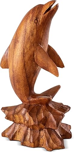 G6 Collection Estatua de delfín tallada a mano de madera, escultura decorativa de madera, decoración del hogar, hecha a mano, hecha a mano, junto al
