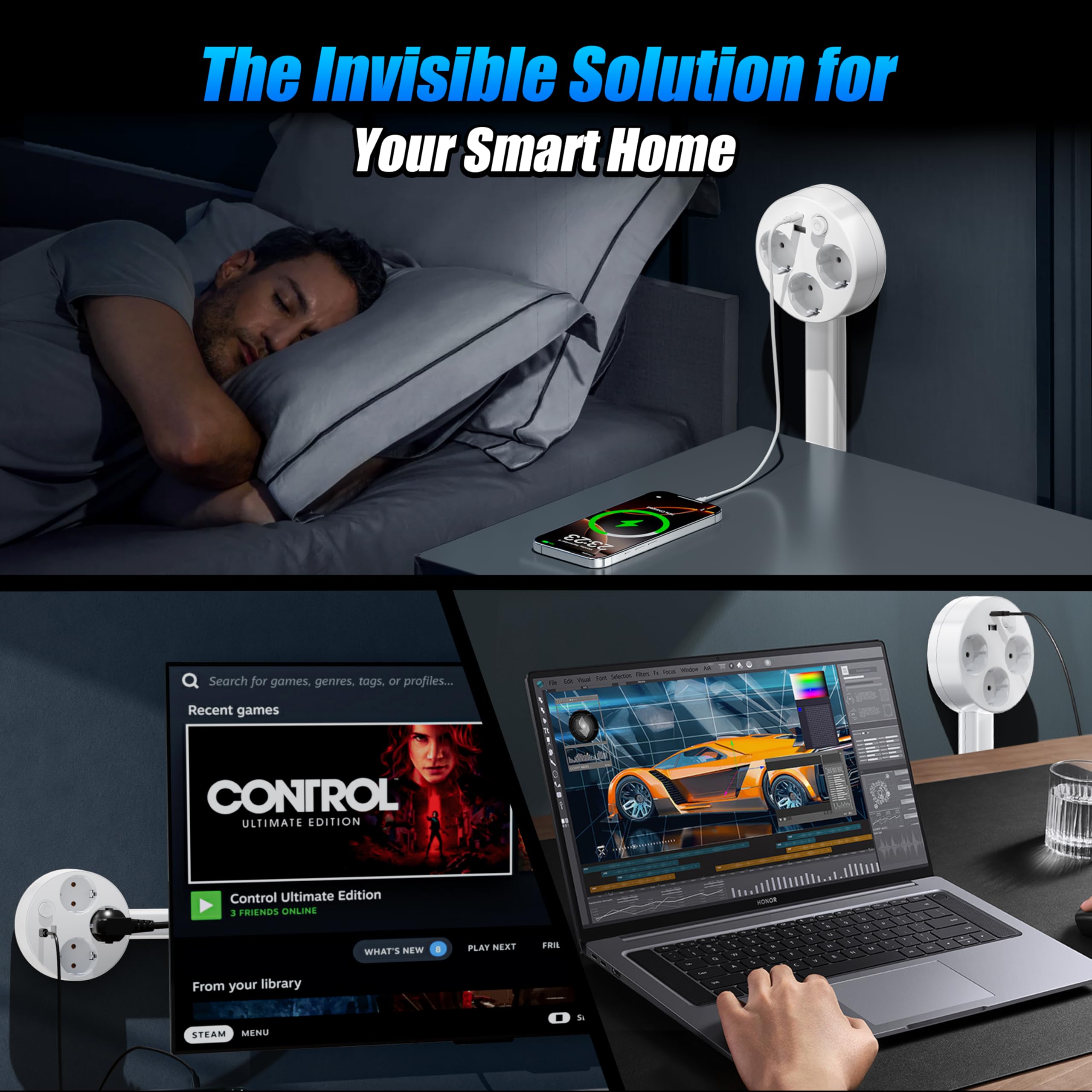 Expander de Enchufe Giratorio Extensible - 3 Tomas de Corriente alterna y Puertos USB, Ajustable de 18-26 Pulgadas para Muebles Traseros y Espacios Apretados