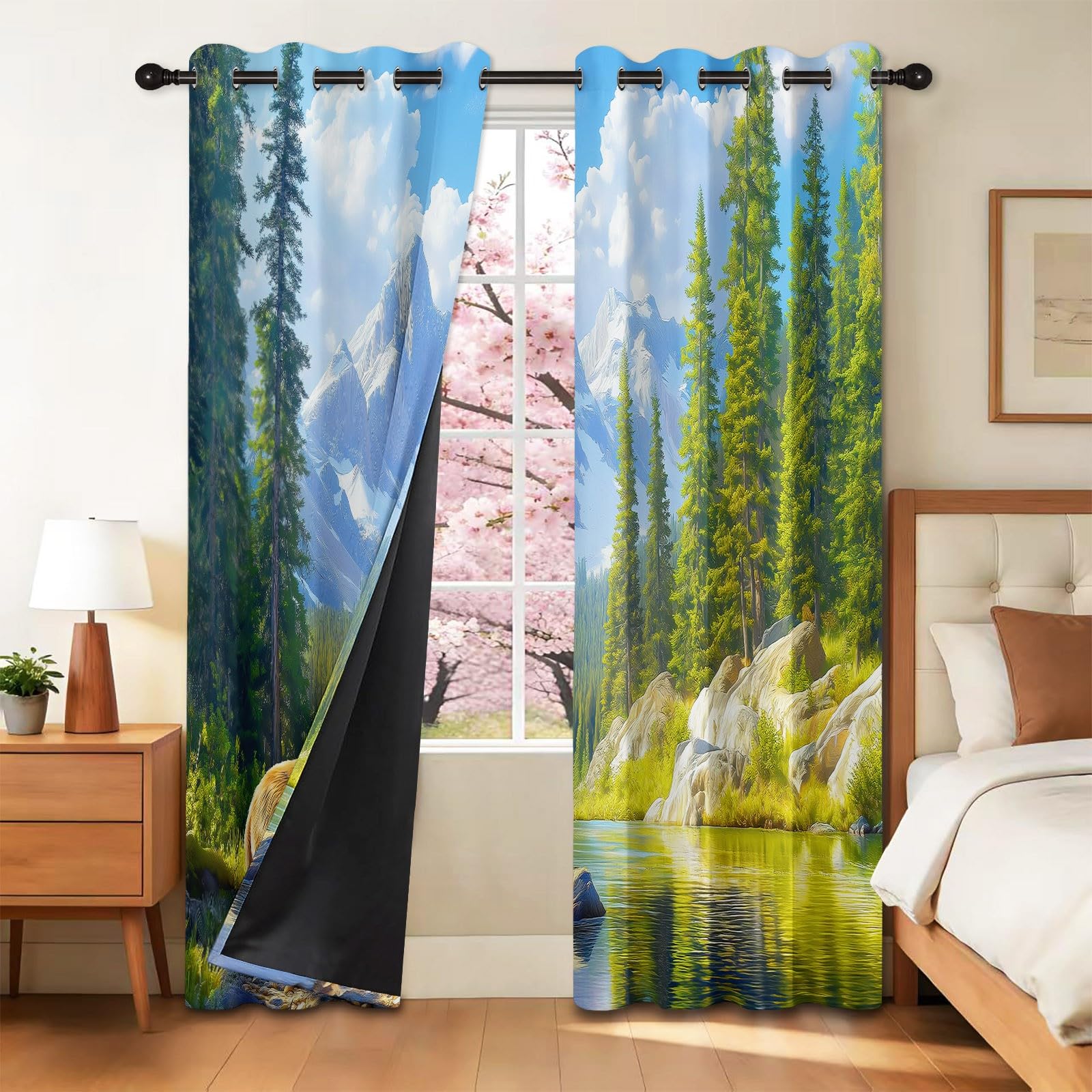 Zasłony zaciemniające z nadrukiem, 140 x 250 cm, zwierzęta grizzly niedźwiedź las strumień izolacja termiczna, zasłony redukujące hałas, energooszczędne, w pełni wyściełane, zasłony blokujące światło