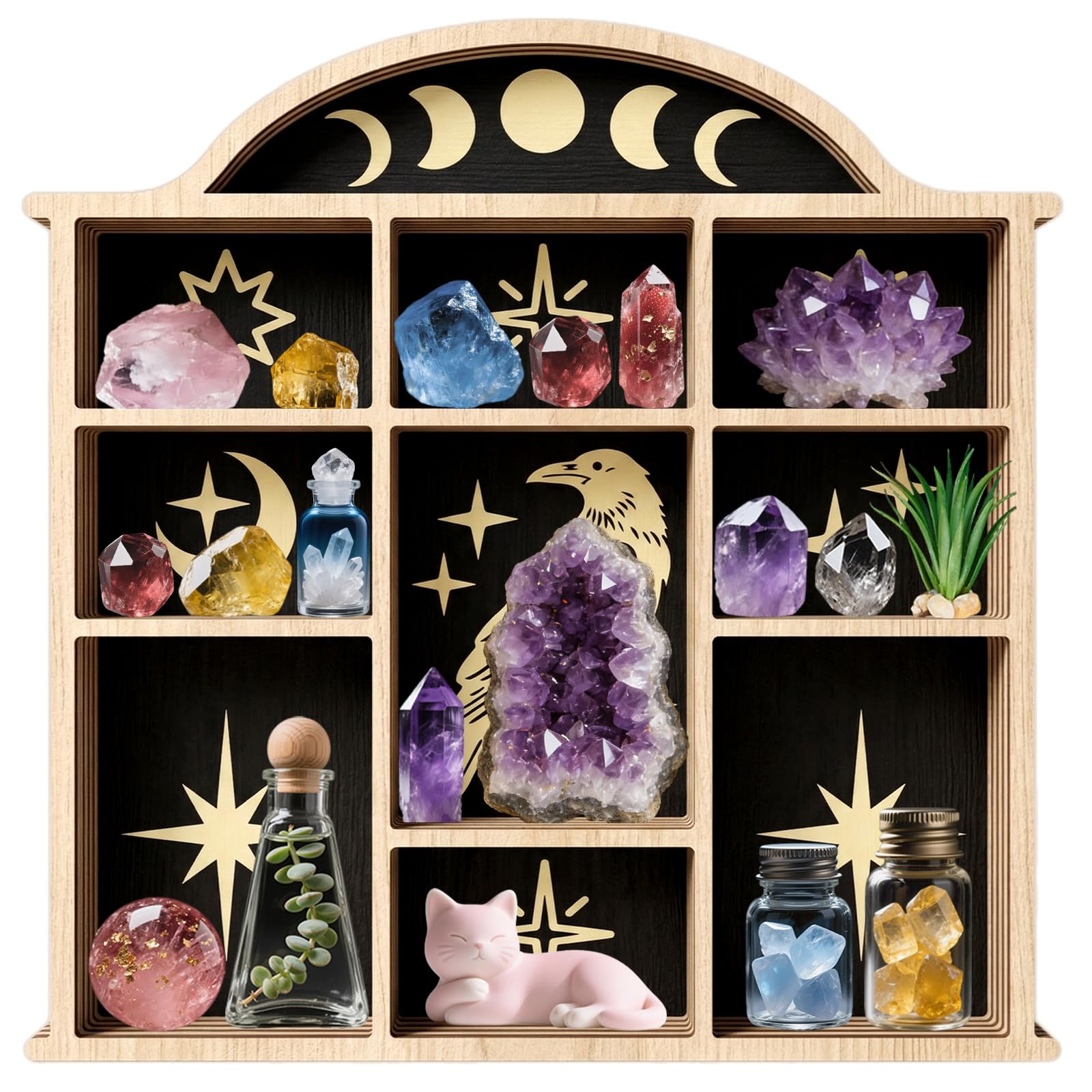 peacoblue Crow and Stars Crystal Display Shelf, Wooden Wall Decor Shelf