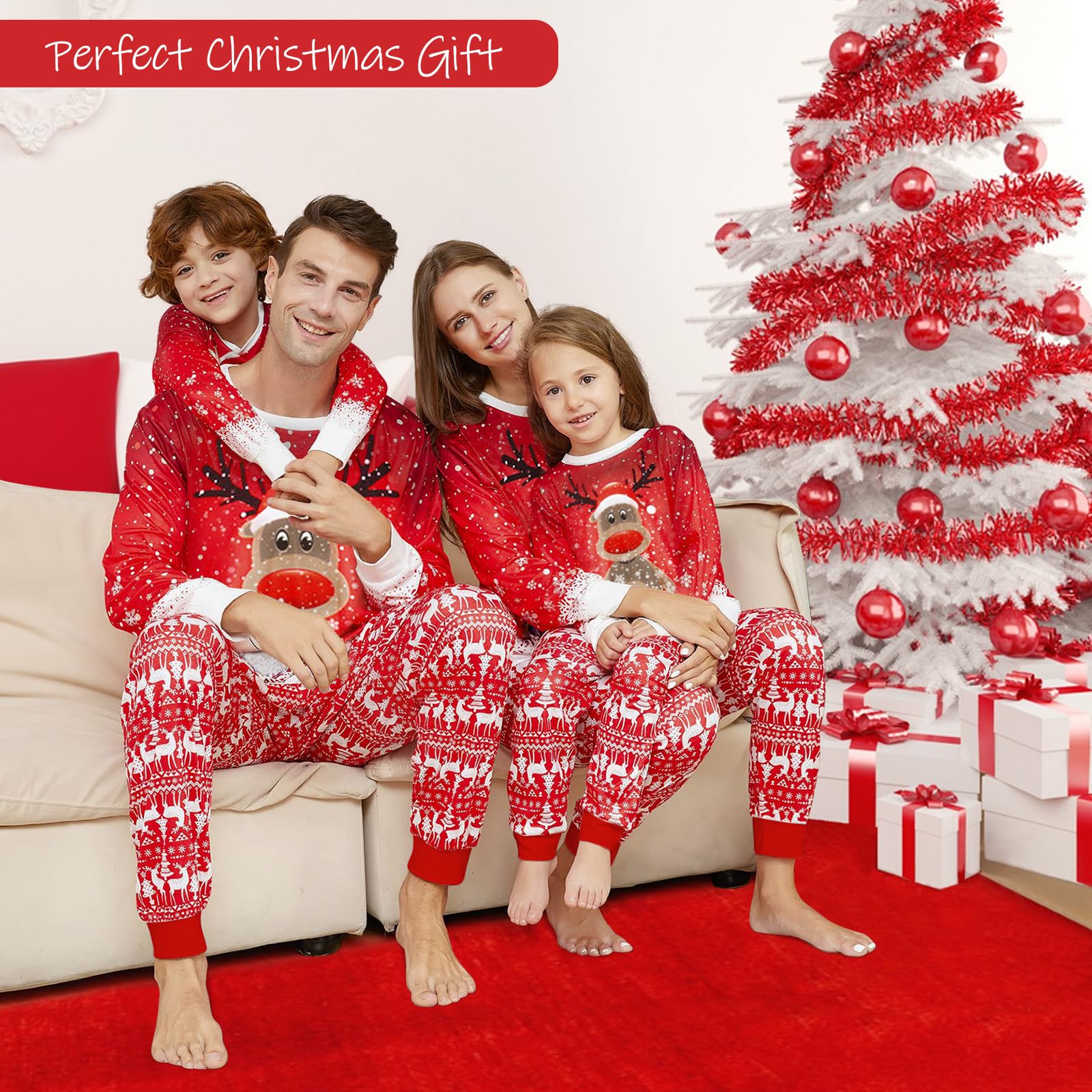 Pijamas Navidad Familia, Conjunto de Pijamas Familiares Navideños, Ropa de Dormir Larga, Mangas de Dormir, Bonito Estampado de Alce, Adecuado para Mujeres, Hombres, Niños y Bebés, Rojo