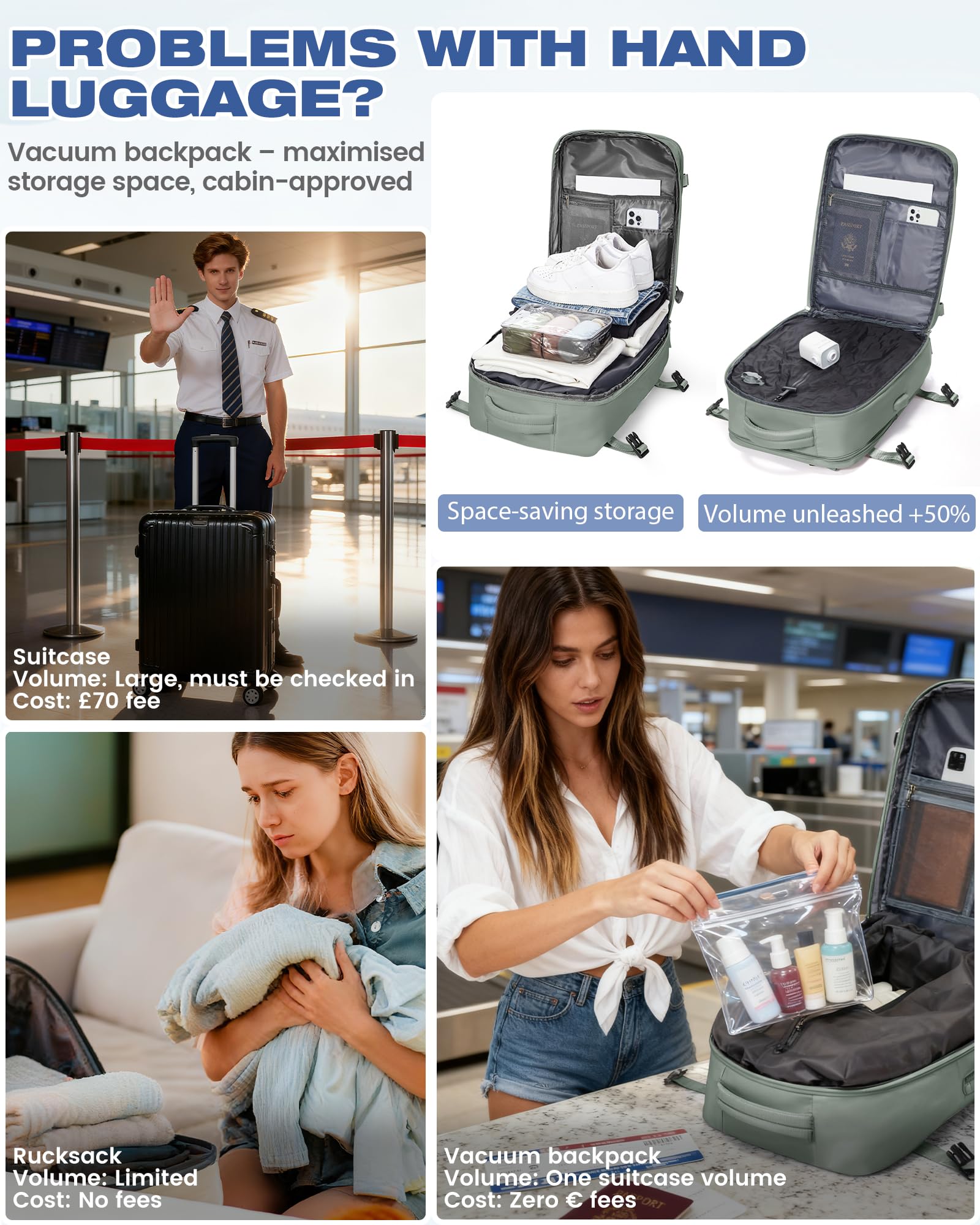 SZLX Zaino Ryanair 40x30x20 Sottovuoto Bagaglio a Mano 40x20x25 Donna Zaino da Viaggio 40x30x20 Wizzair Borse da Cabina per Easyjet 45x36x20 Uomo per Laptop 14 Pollici con Porta USB e Porta Scarpe